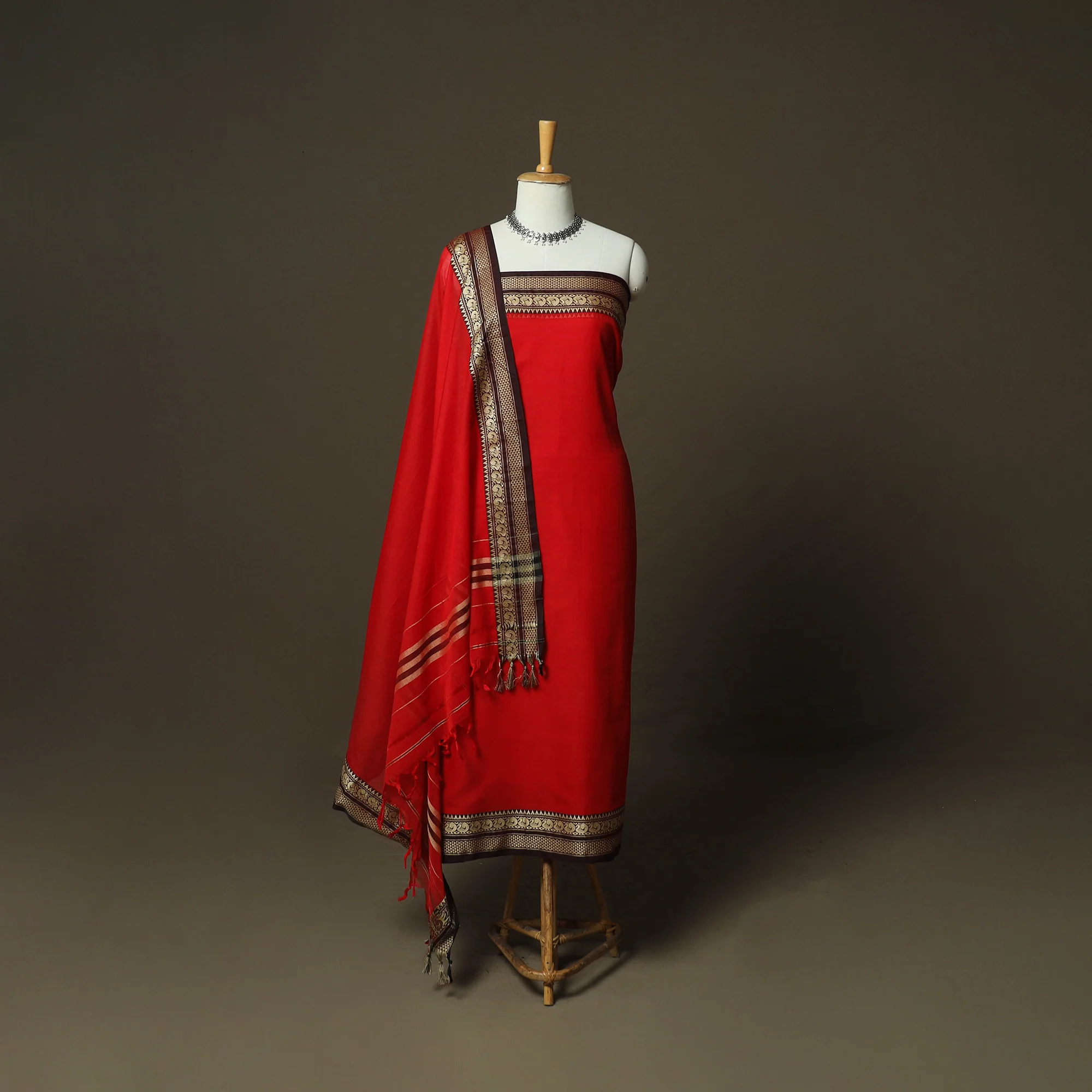 Red - Dharwad Woven Mercerised Cotton 3pc Unstitched Dress Material Suit Set 66