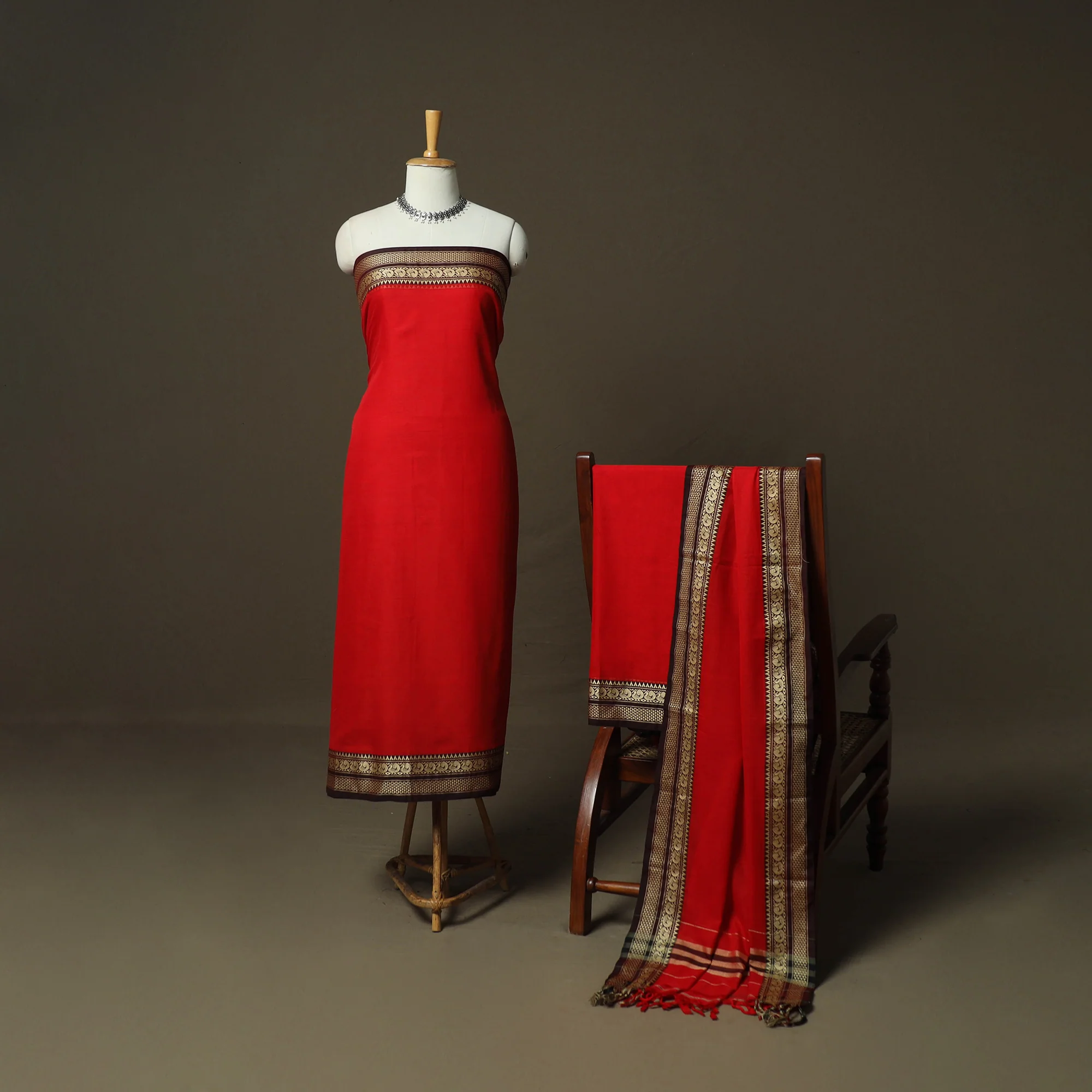 Red - Dharwad Woven Mercerised Cotton 3pc Unstitched Dress Material Suit Set 66 - Image 2