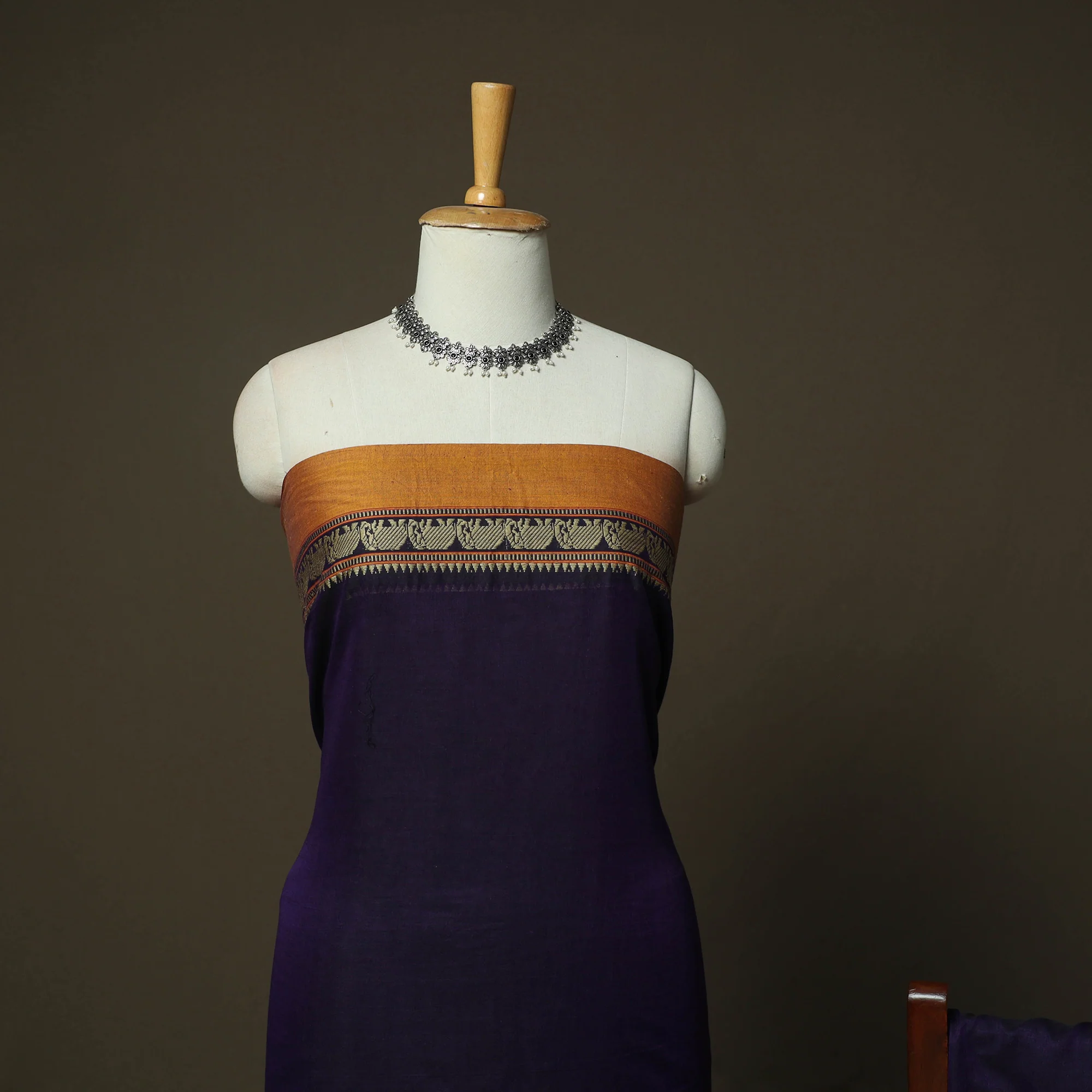 Orange - Purple - Dharwad Woven Mercerised Cotton 3pc Unstitched Dress Material Suit Set 81 - Image 3