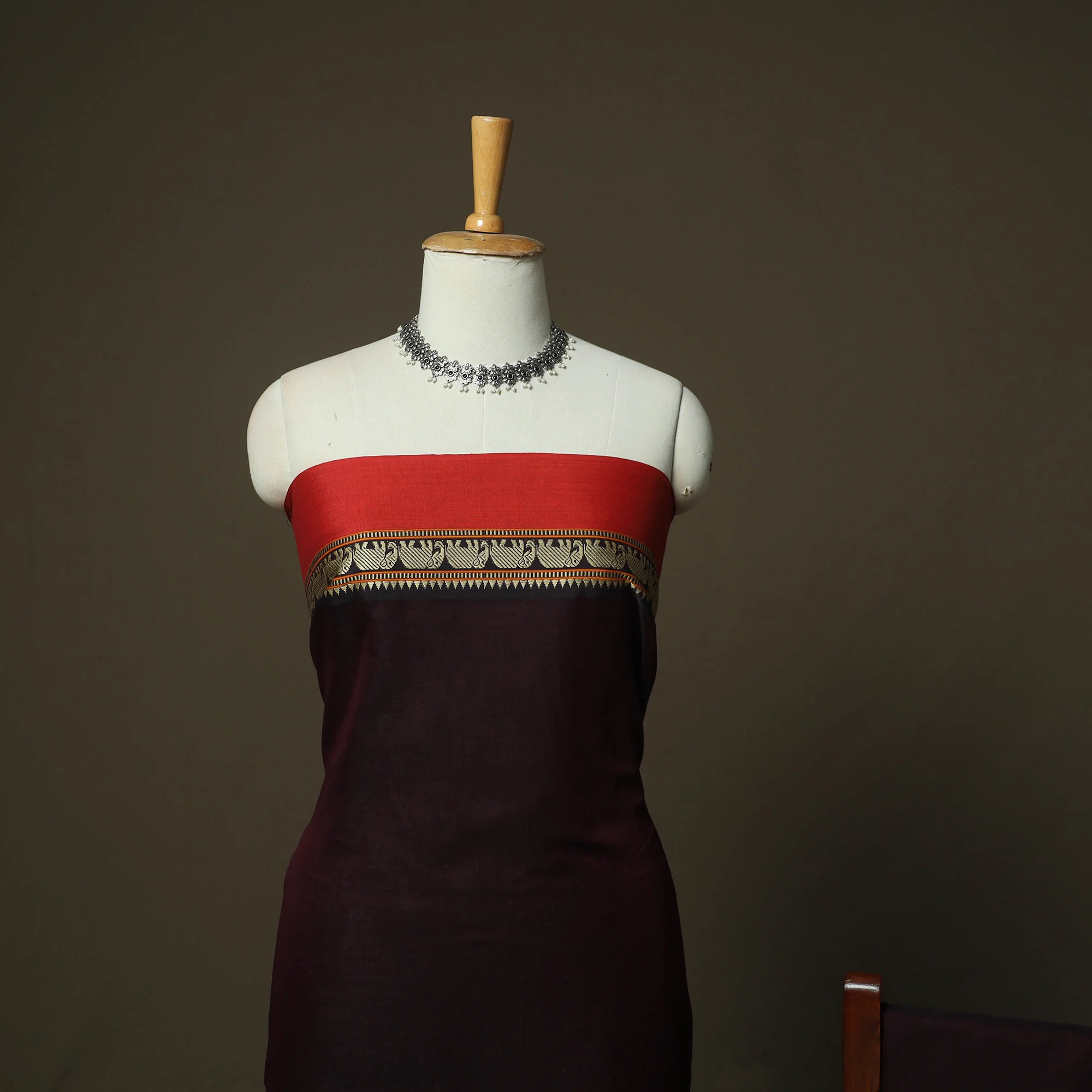 Maroon - Dharwad Woven Mercerised Cotton 3pc Unstitched Dress Material Suit Set 82 - Image 3