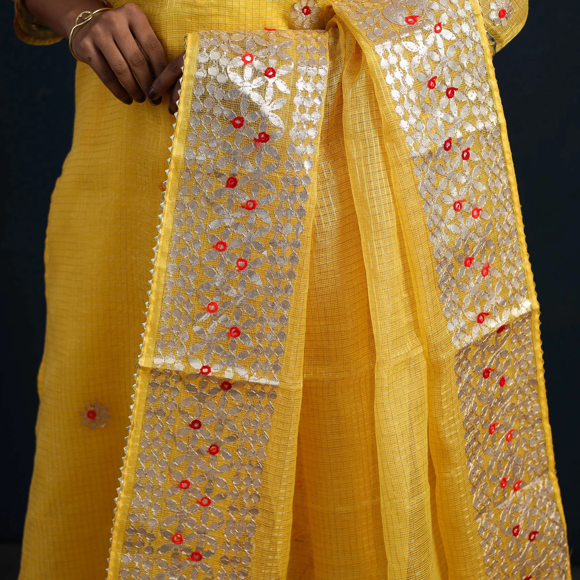 Yellow - Elegant Gota Work Silk Kota Doria Kurta Set 07 - Image 5