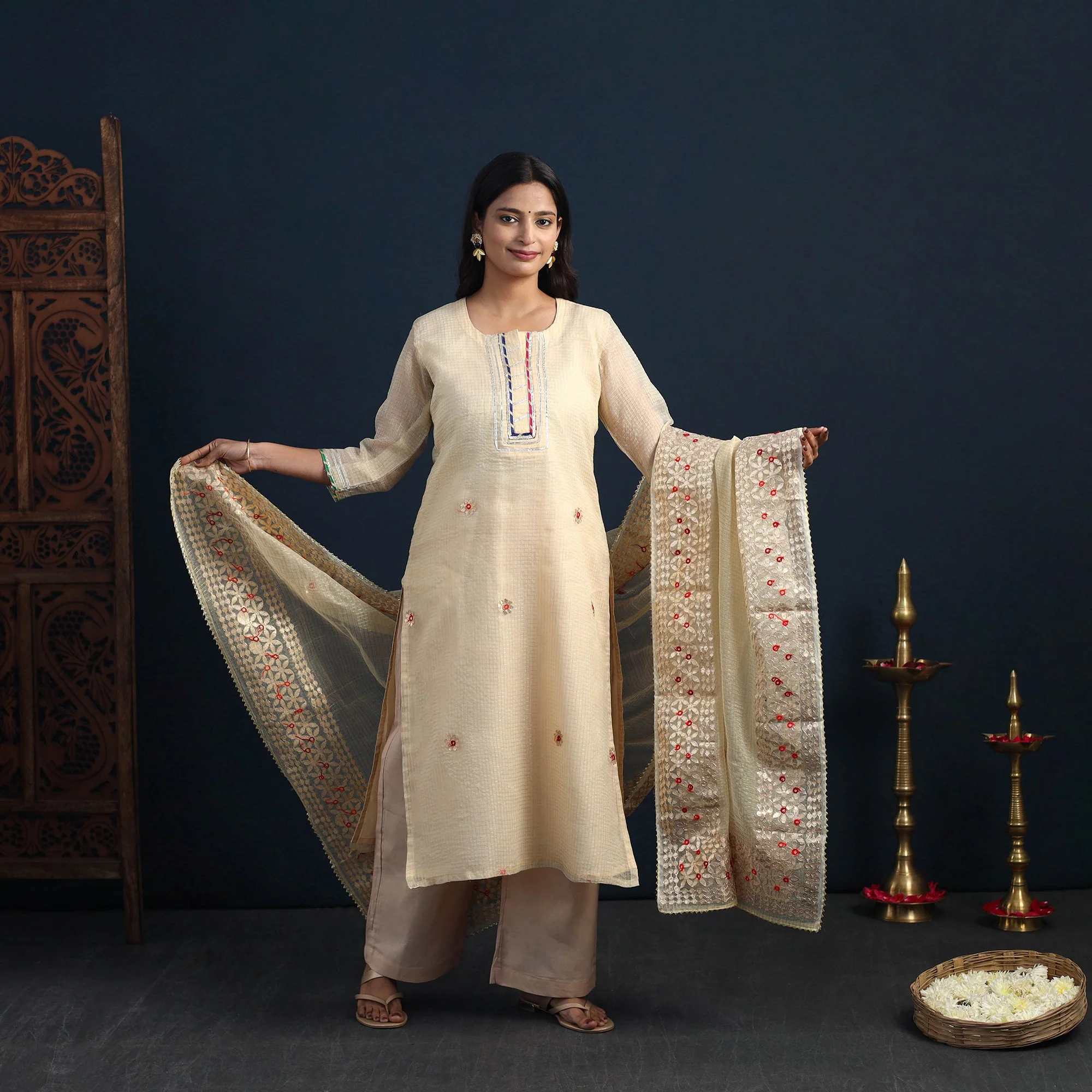 Beige - Elegant Gota Work Silk Kota Doria Kurta Set 10