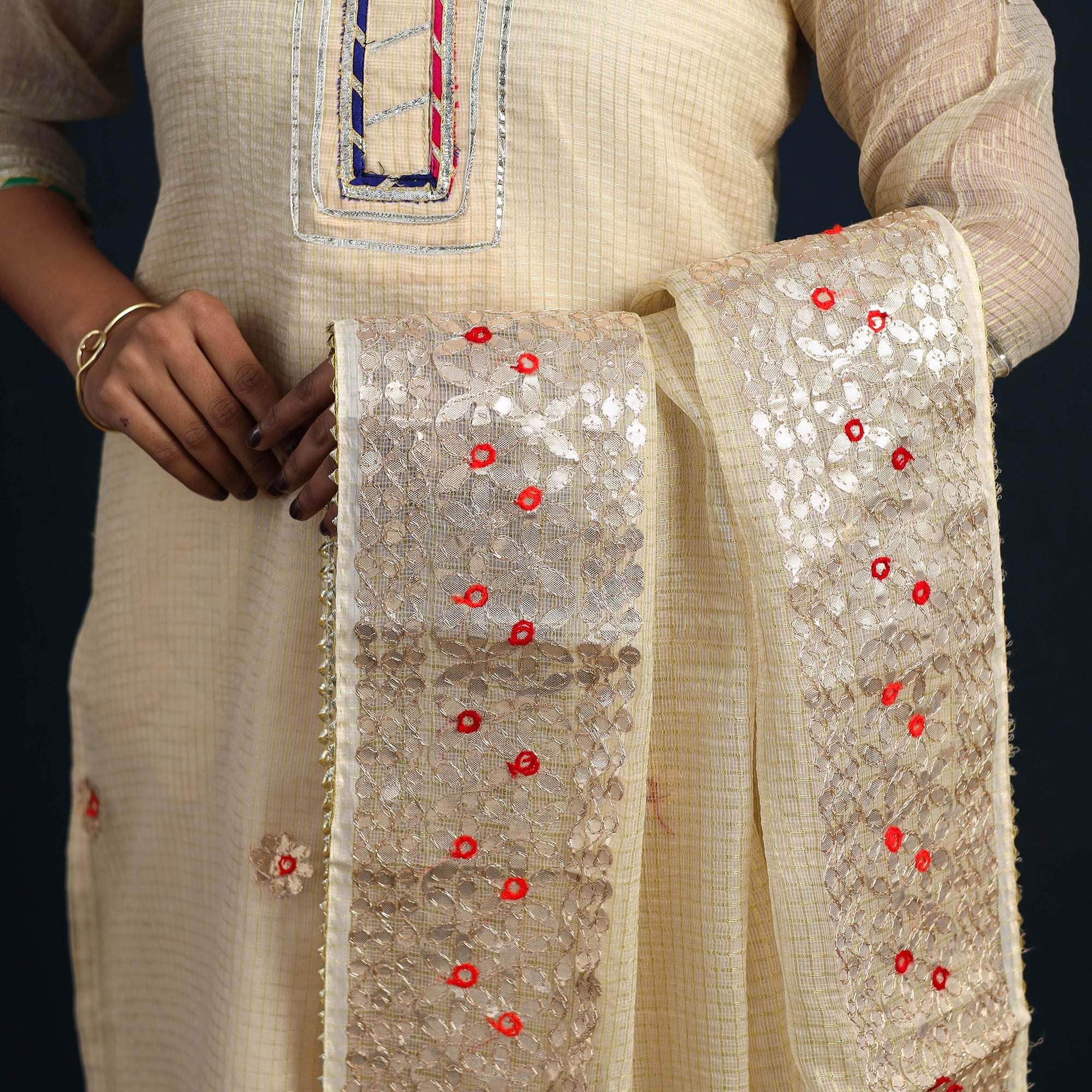 Beige - Elegant Gota Work Silk Kota Doria Kurta Set 10 - Image 5