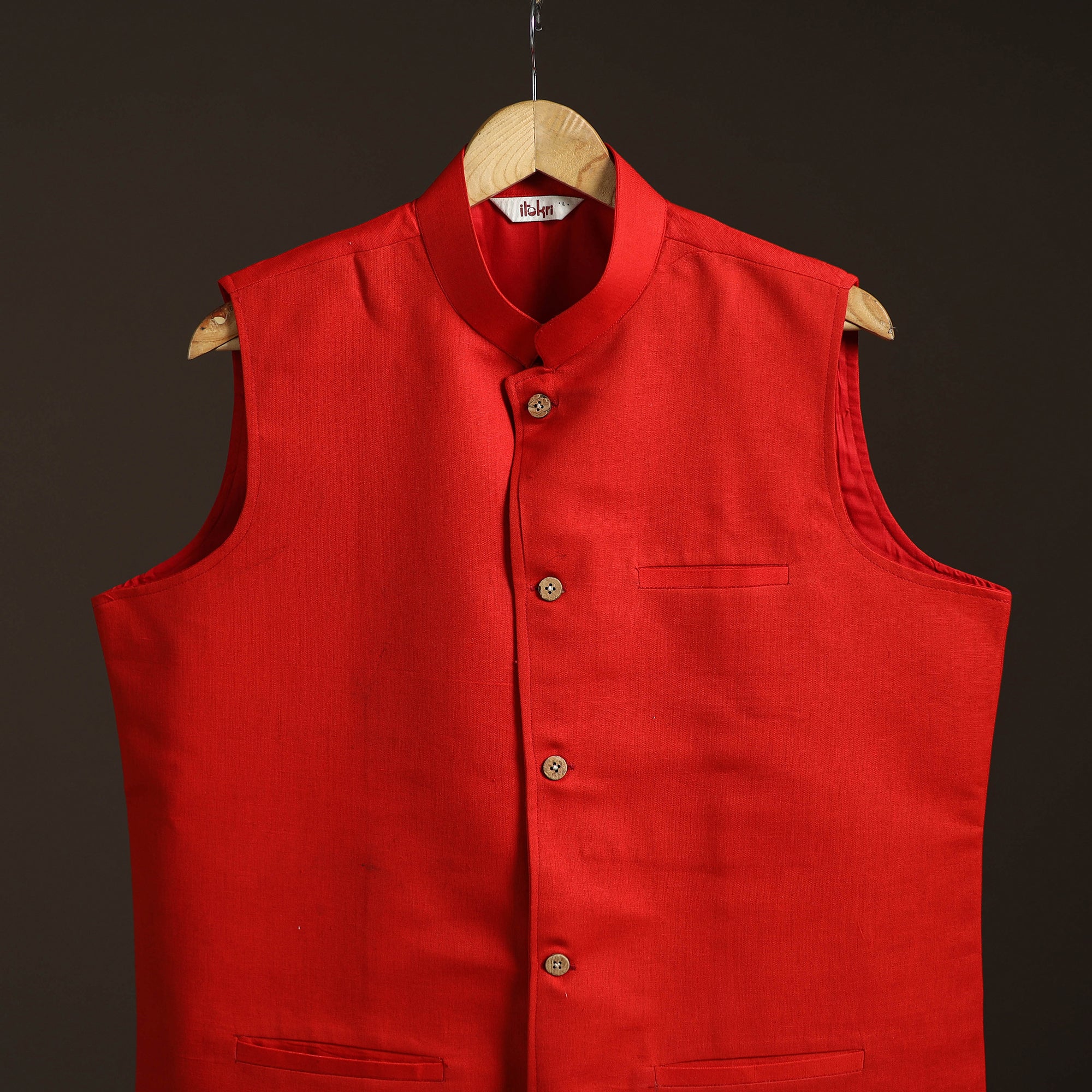 Red - Flex Cotton Men Plain Nehru Jacket 09 - Image 2