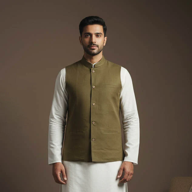 Green - Flex Cotton Men Plain Nehru Jacket 12