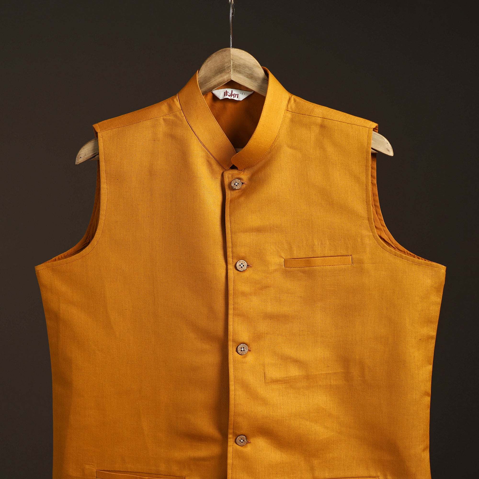 Yellow - Flex Cotton Men Plain Nehru Jacket 13 - Image 2