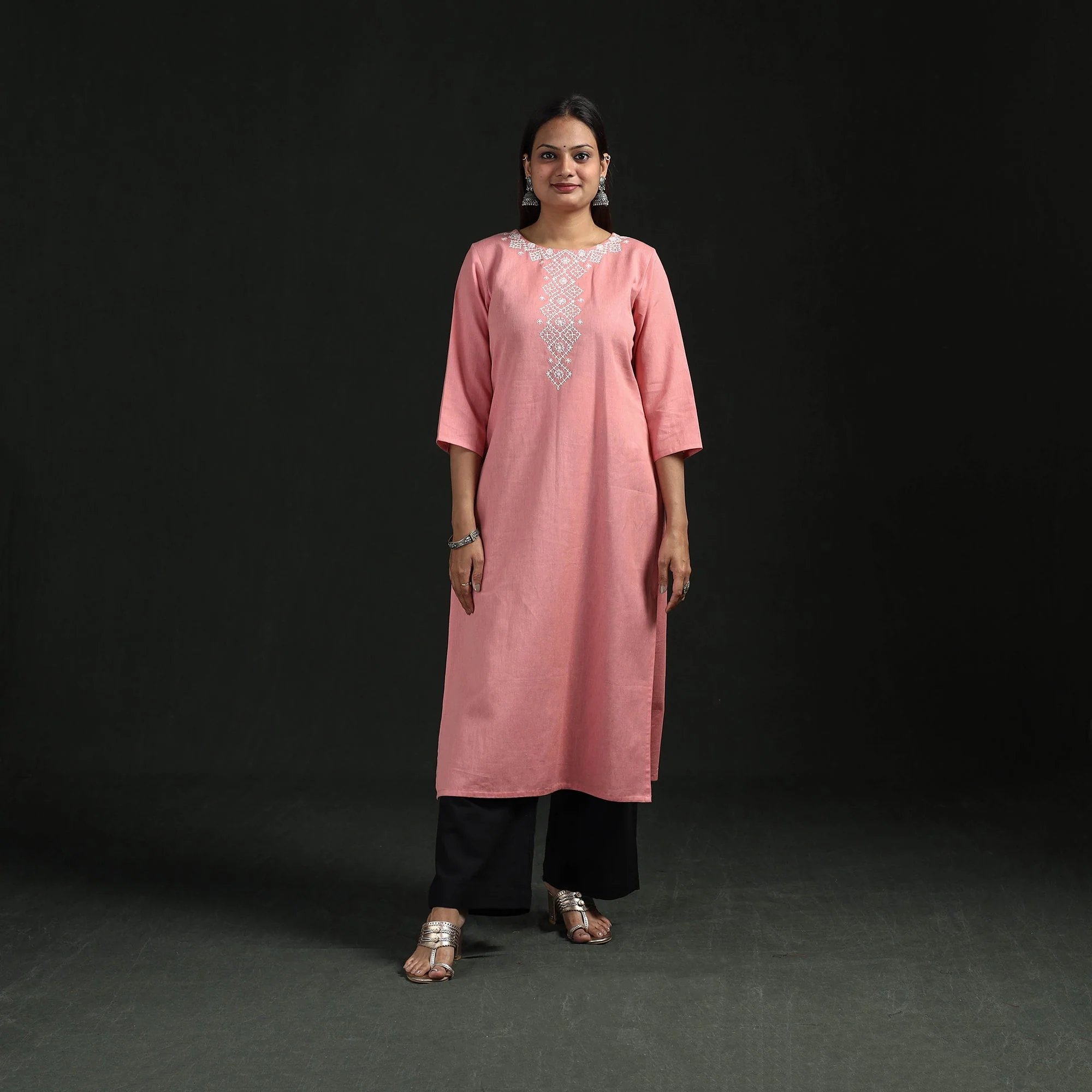Pink - Flex Cotton Plain Hand Embroidered Straight Kurta for women 10