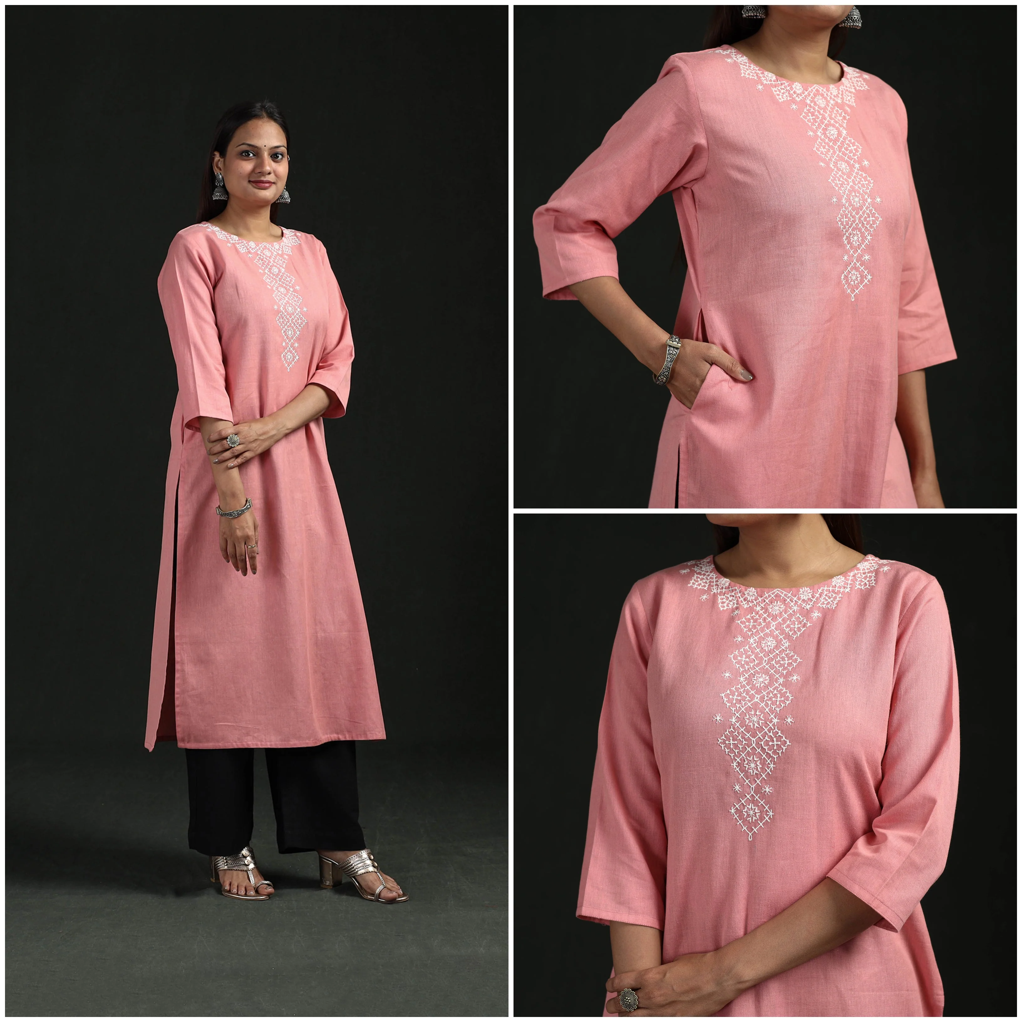 Pink - Flex Cotton Plain Hand Embroidered Straight Kurta for women 10 - Image 3