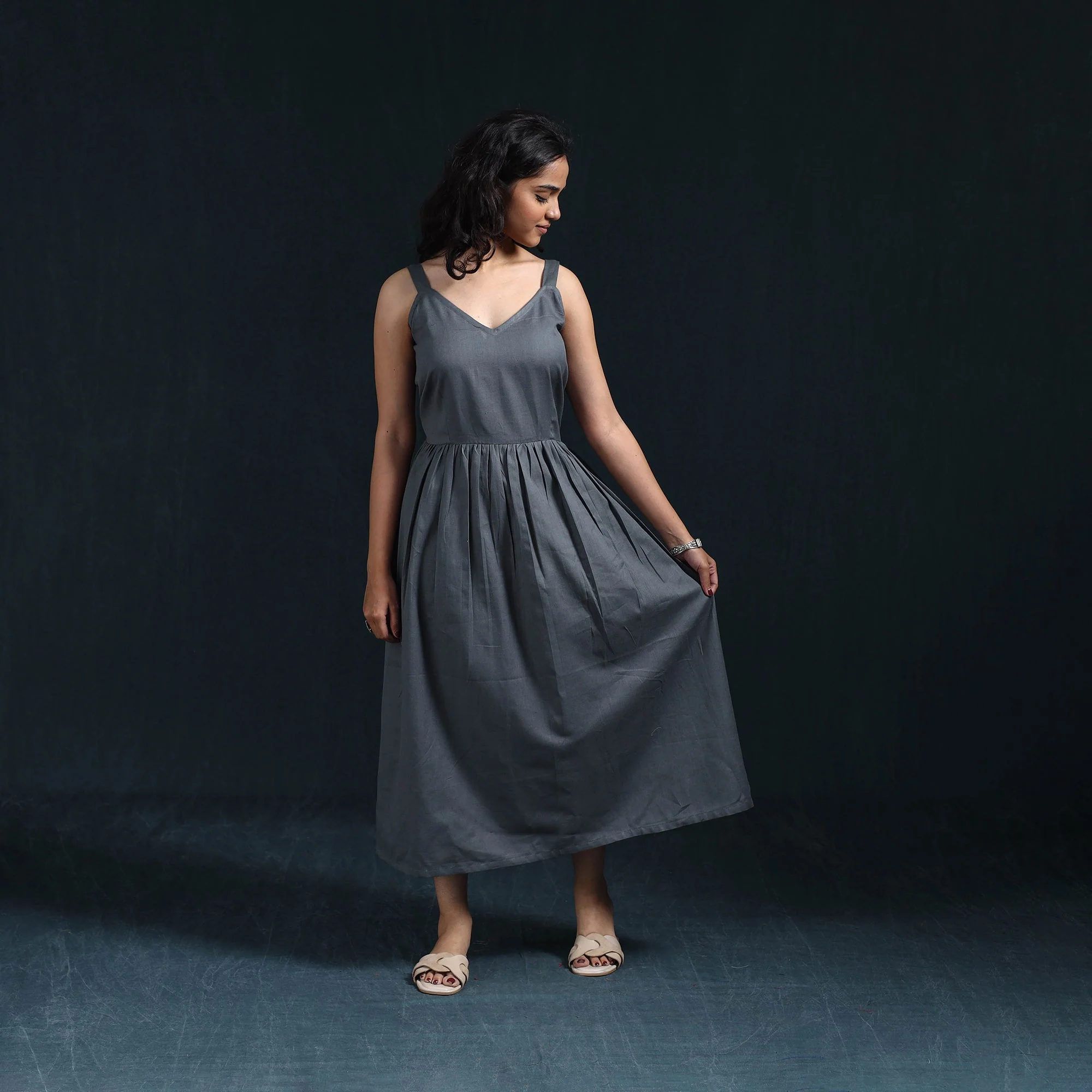 Grey - Flex Cotton Tiered Plain Dress 02 - Image 2