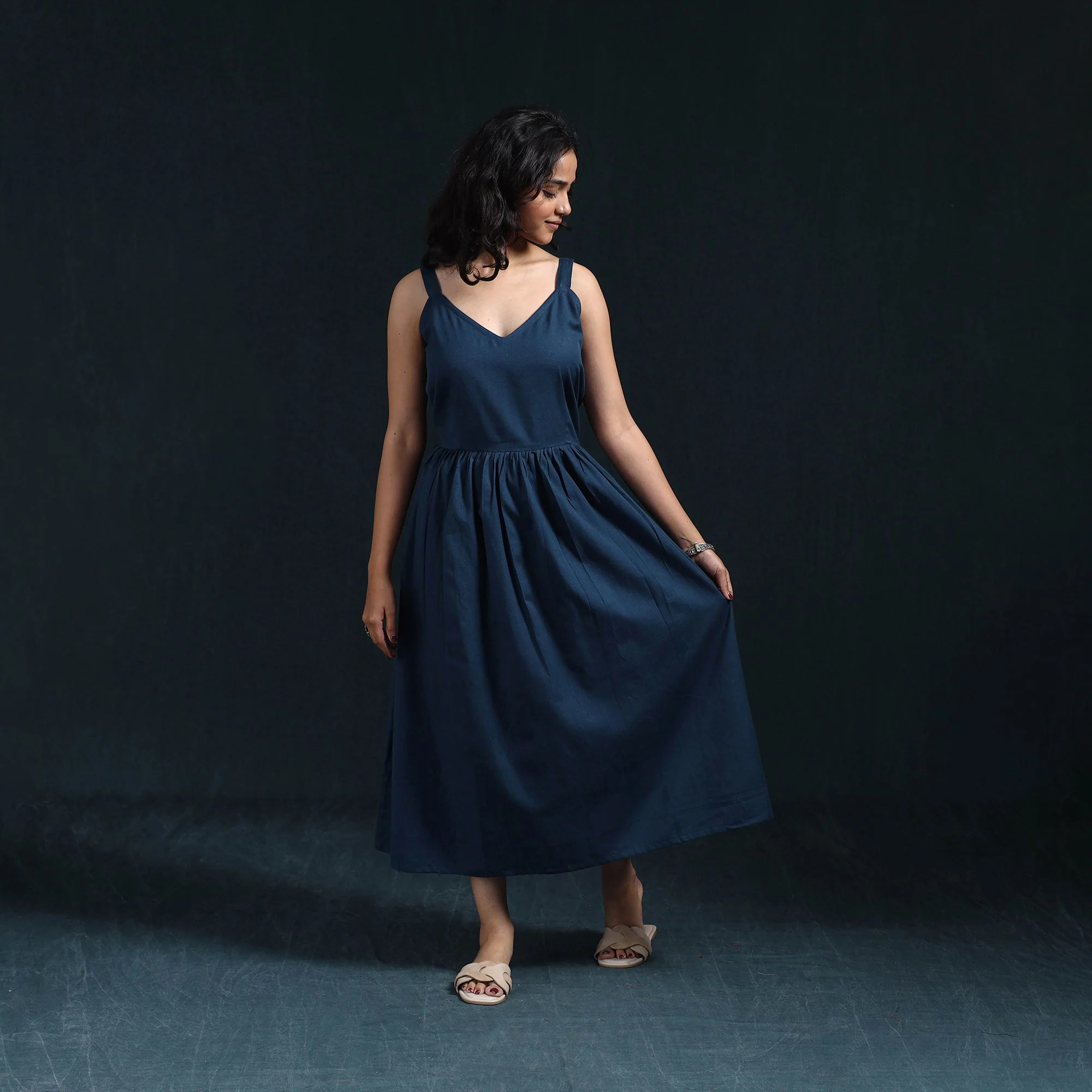 Blue - Flex Cotton Tiered Plain Dress 03 - Image 2