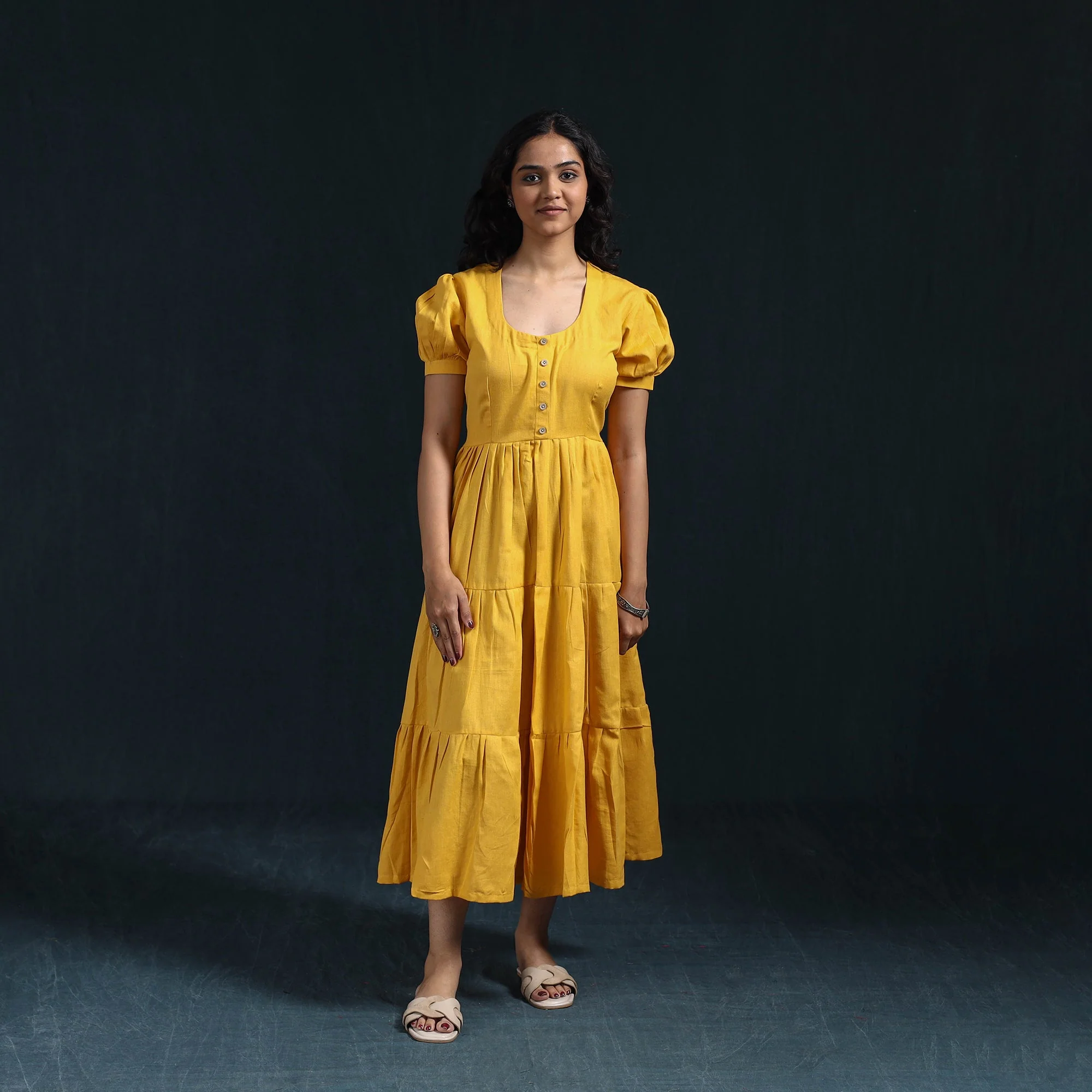Yellow - Flex Cotton Tiered Plain Dress 10