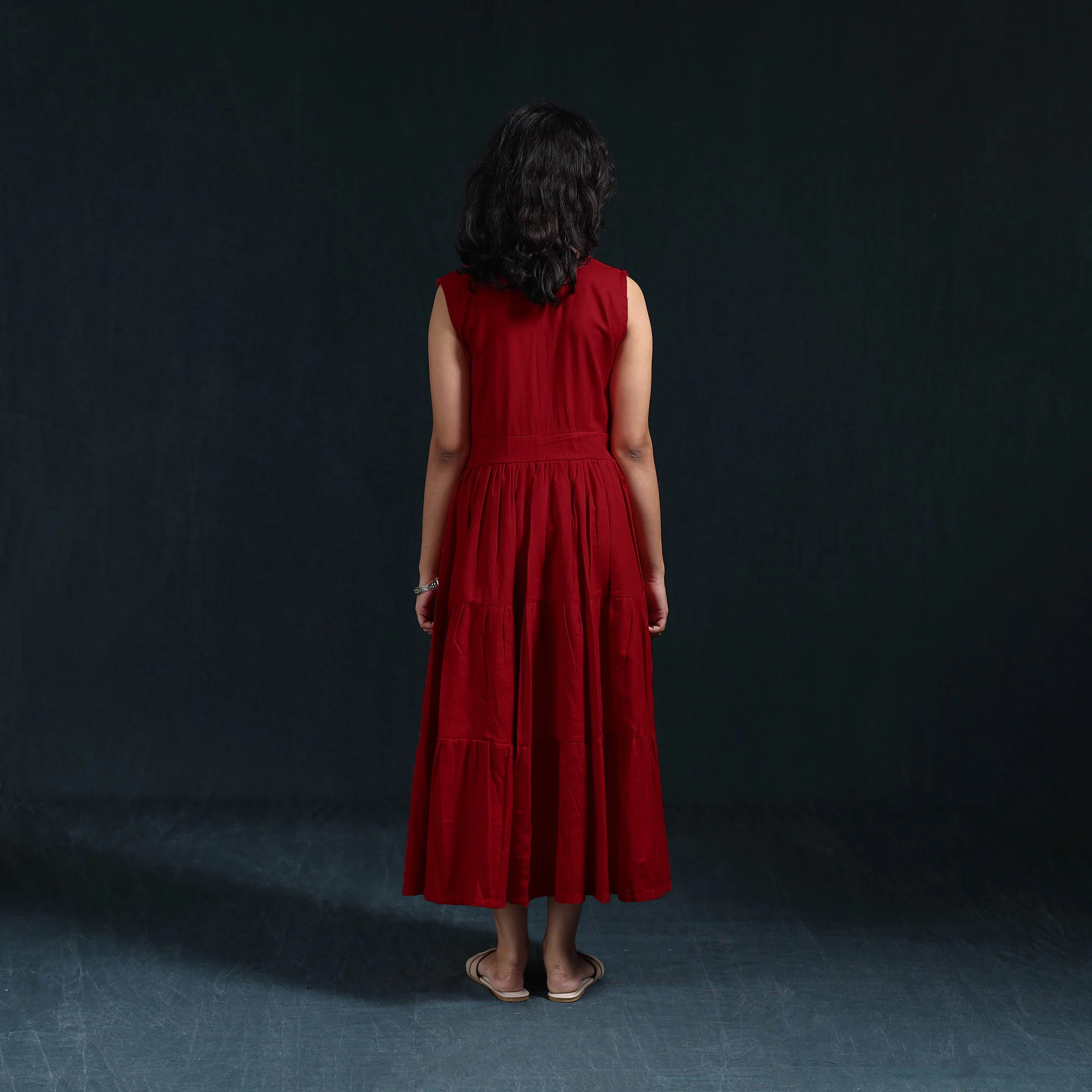 Red - Flex Cotton Tiered Plain Dress 15 - Image 5
