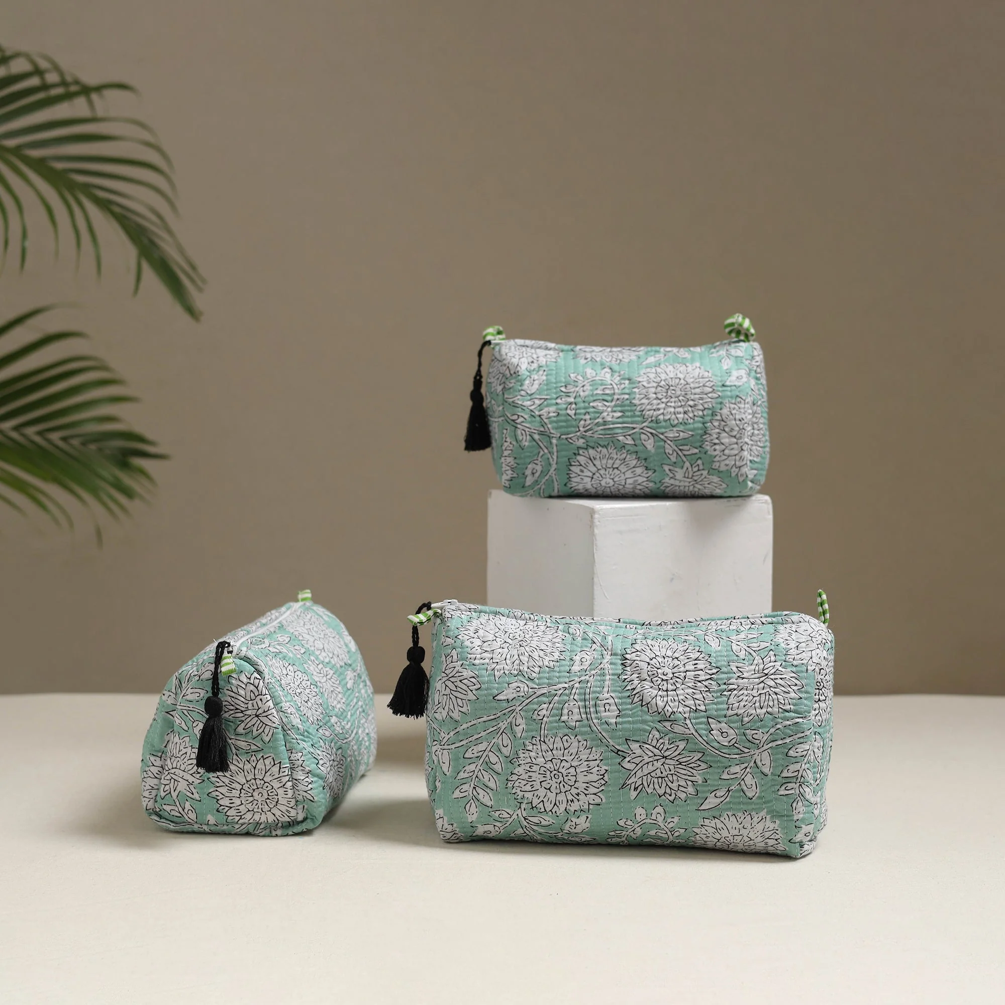 Green - Floral Hand Block Print Quilted Toiletry Bags (Set of 3) 01