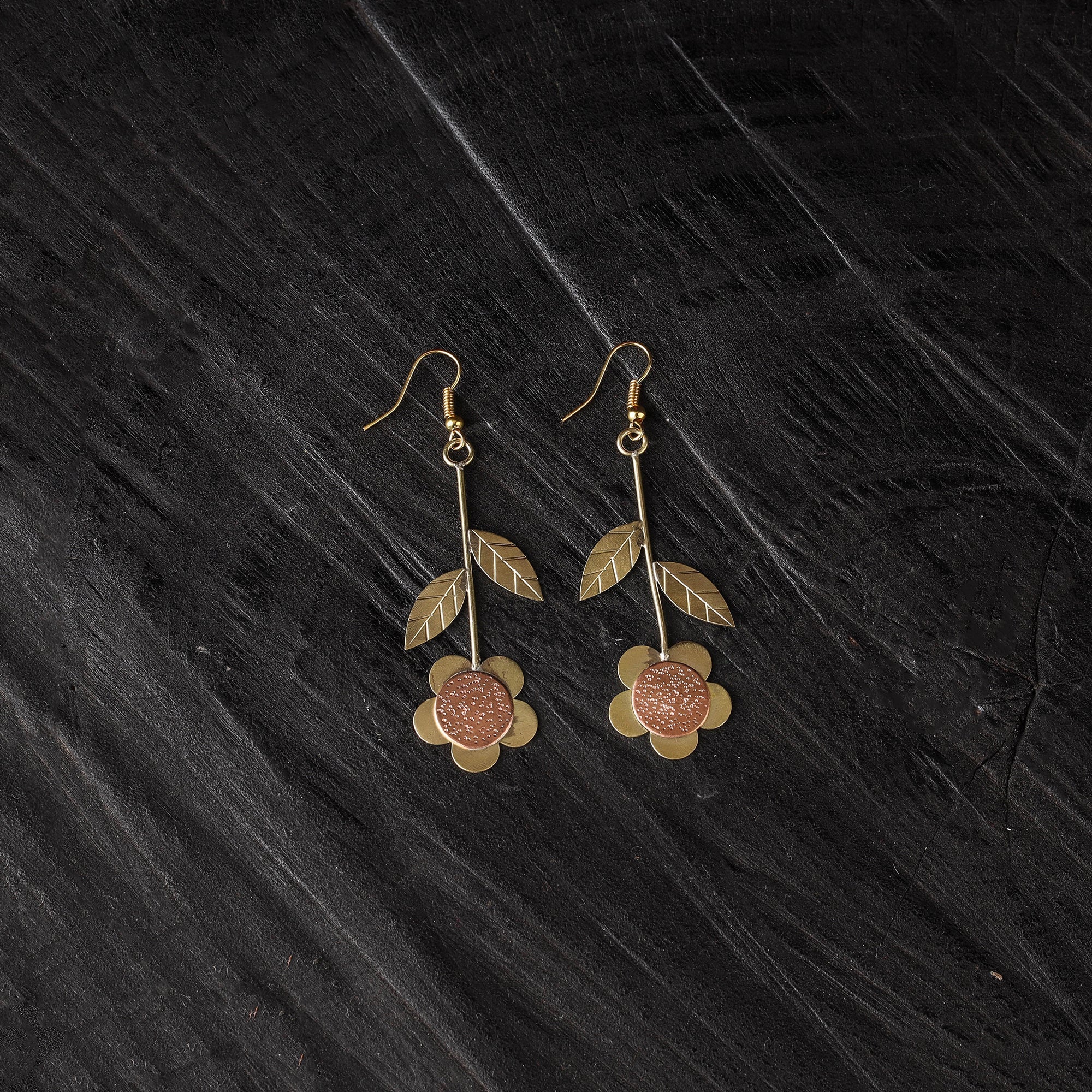 Yellow - Flower & Leaf Dokra Brass Handcrafted Dangle Earrings 06