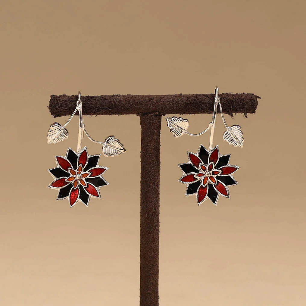 Red - Flower & Leaf - Handcrafted Paka Meenakari Earrings 65 - Image 2