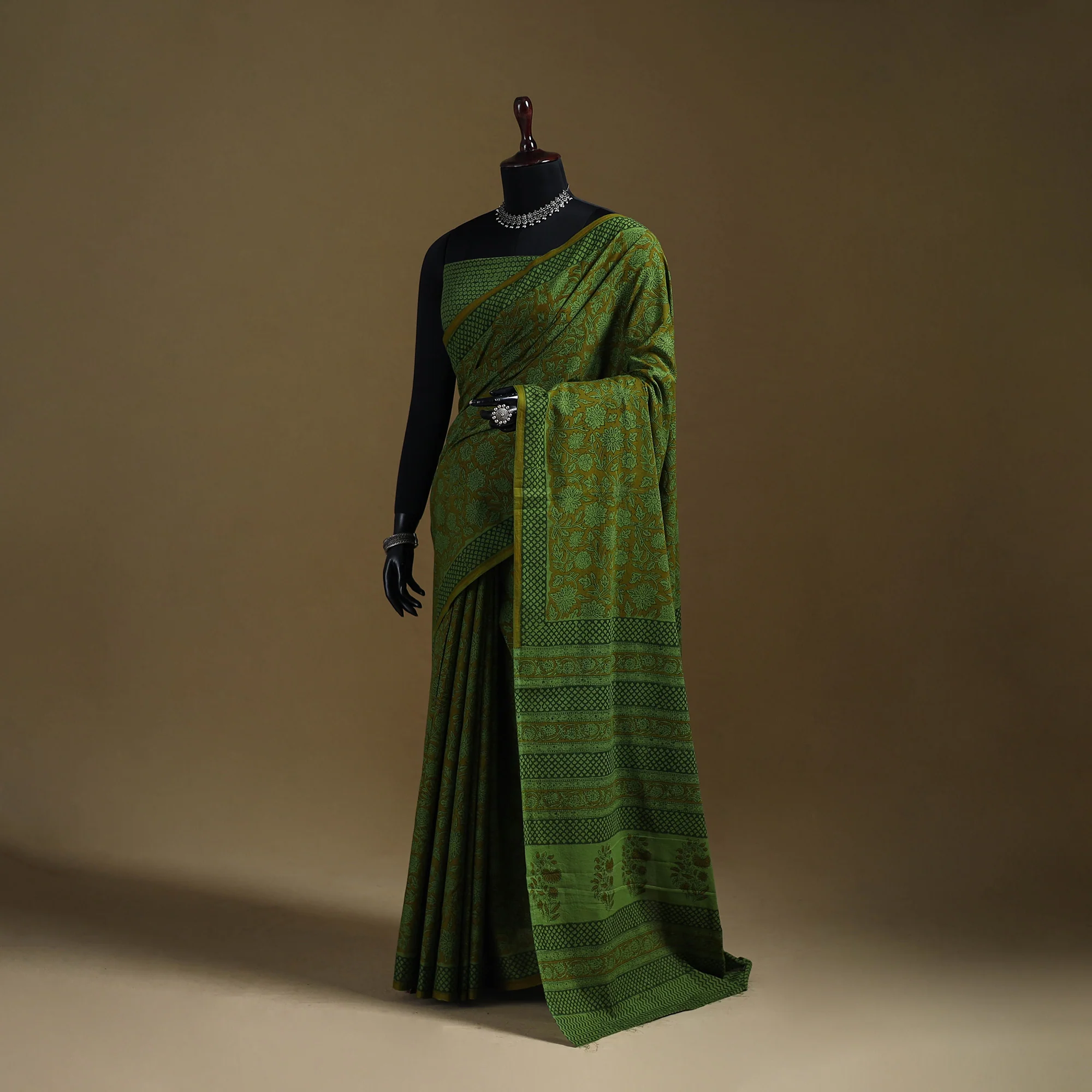 Green - Gamthi Hand Block Print Pure Mul Cotton Saree with Blouse Piece 06