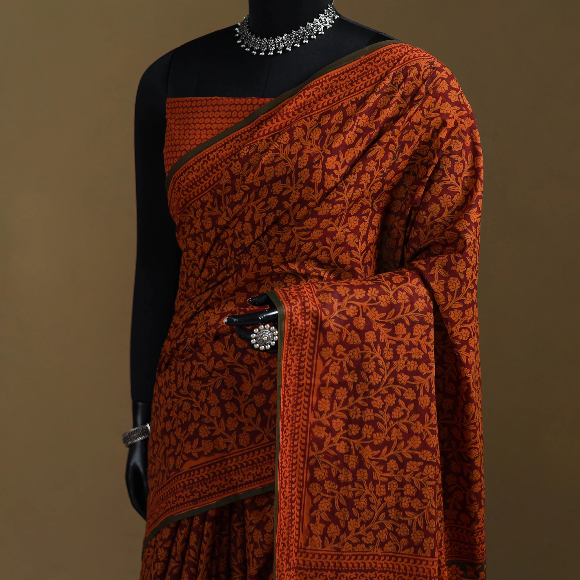 Maroon - Gamthi Hand Block Print Pure Mul Cotton Saree with Blouse Piece 22 - Image 2