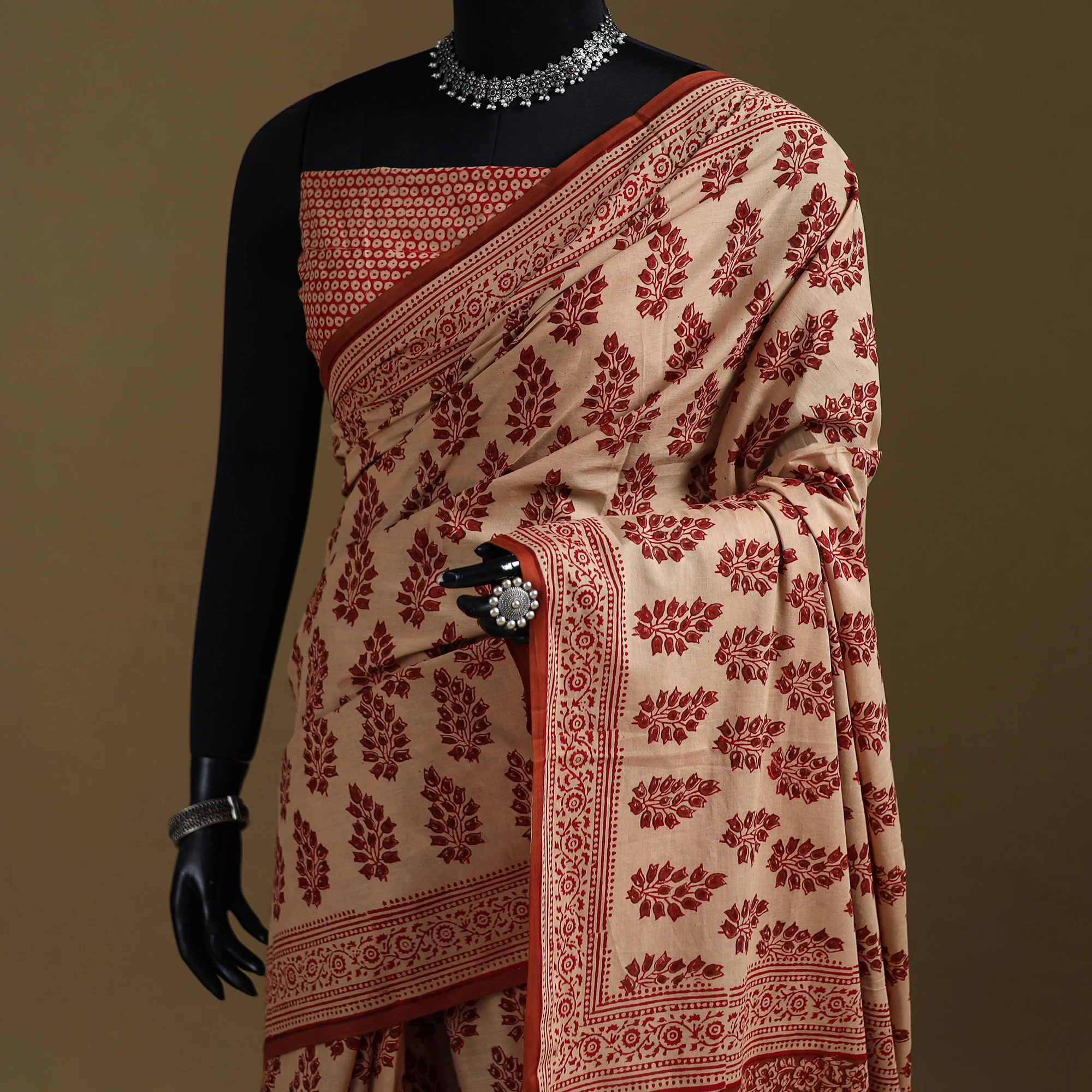 Beige - Gamthi Hand Block Print Pure Mul Cotton Saree with Blouse Piece 26 - Image 2