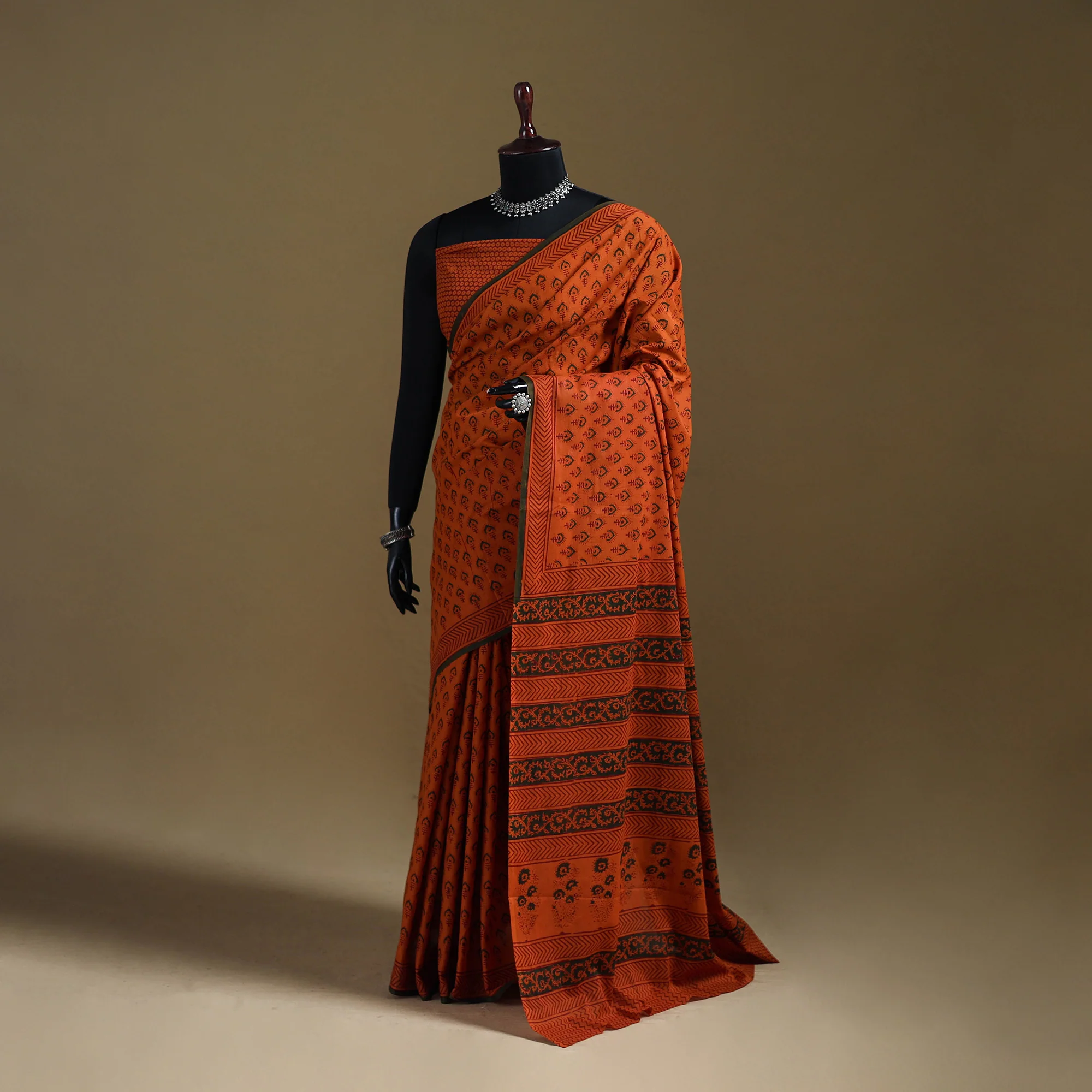 Orange - Gamthi Hand Block Print Pure Mul Cotton Saree with Blouse Piece 36