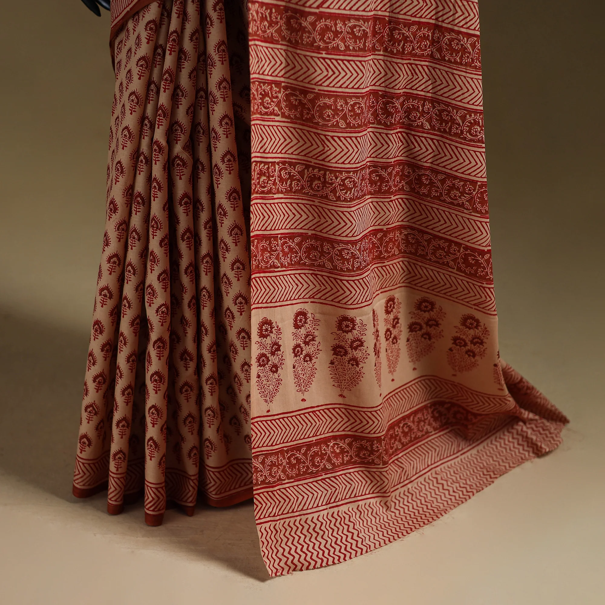 Beige - Gamthi Hand Block Print Pure Mul Cotton Saree with Blouse Piece 41 - Image 5
