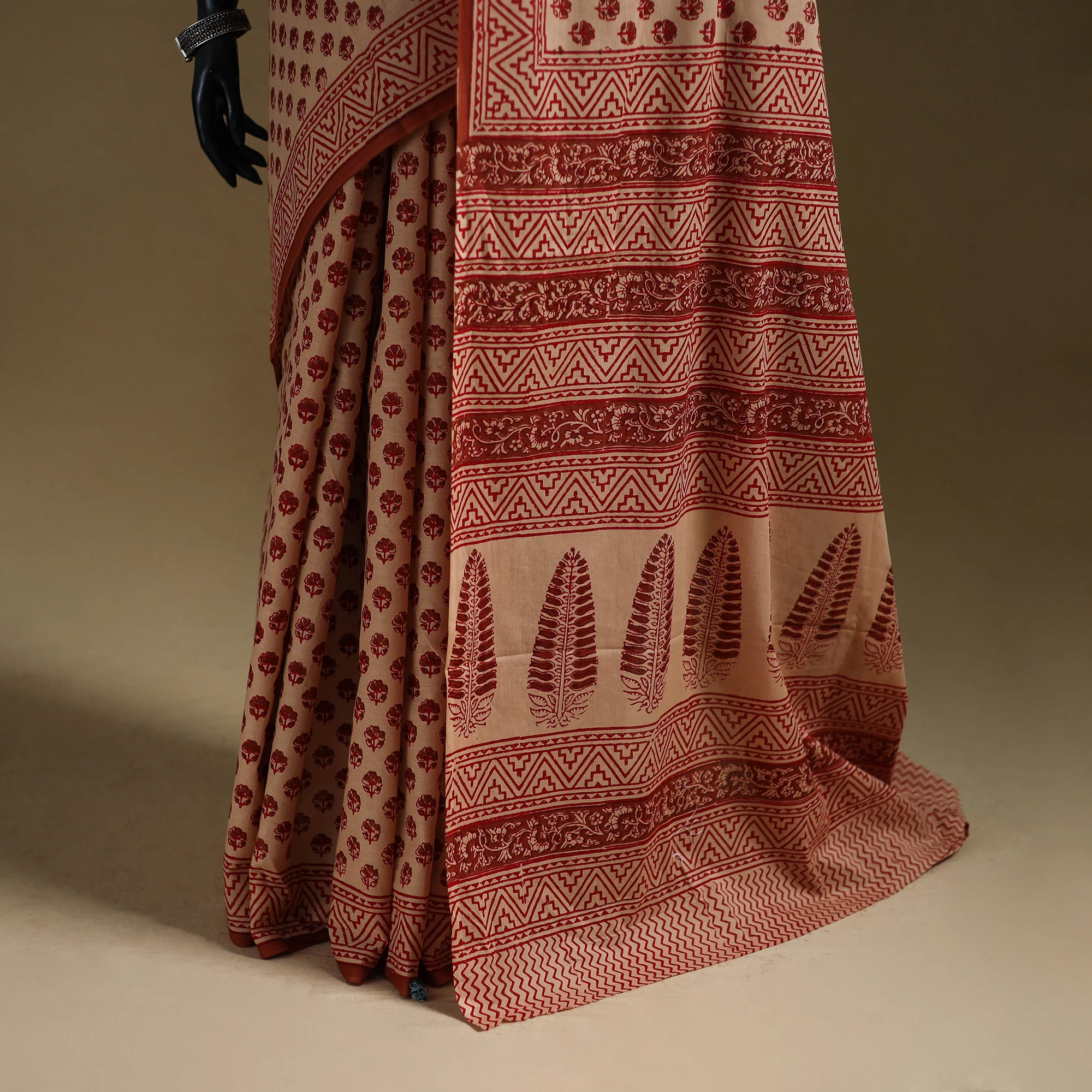 Beige - Gamthi Hand Block Print Pure Mul Cotton Saree with Blouse Piece 45 - Image 5