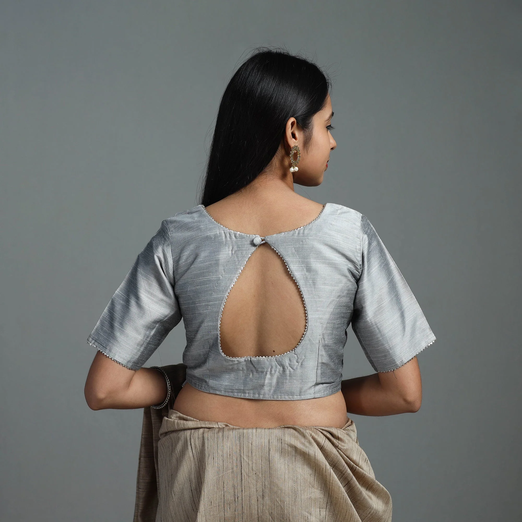 Grey - Gota Patti Slub Silk Plain Blouse 07 - Image 4
