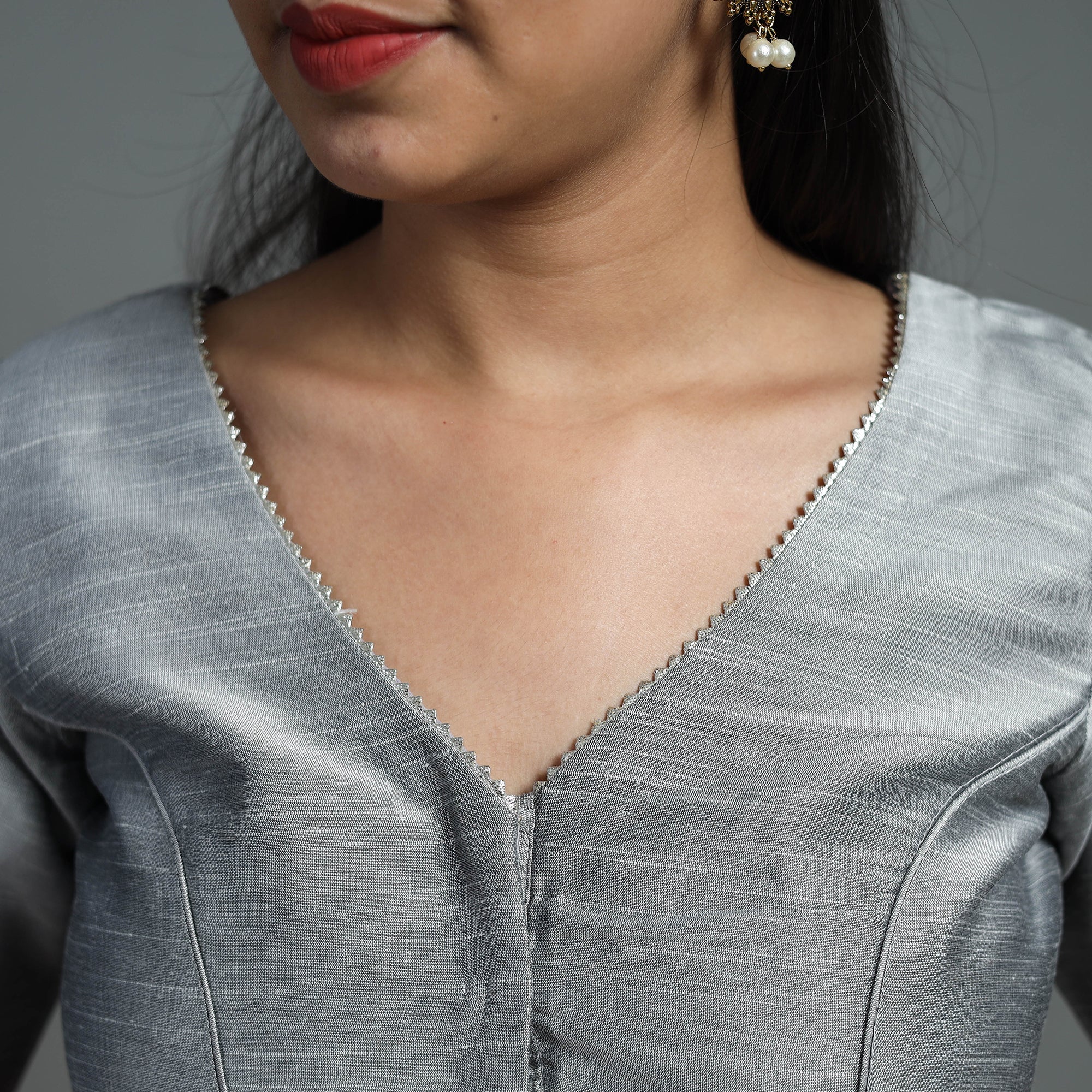 Grey - Gota Patti Slub Silk Plain Blouse 07 - Image 5