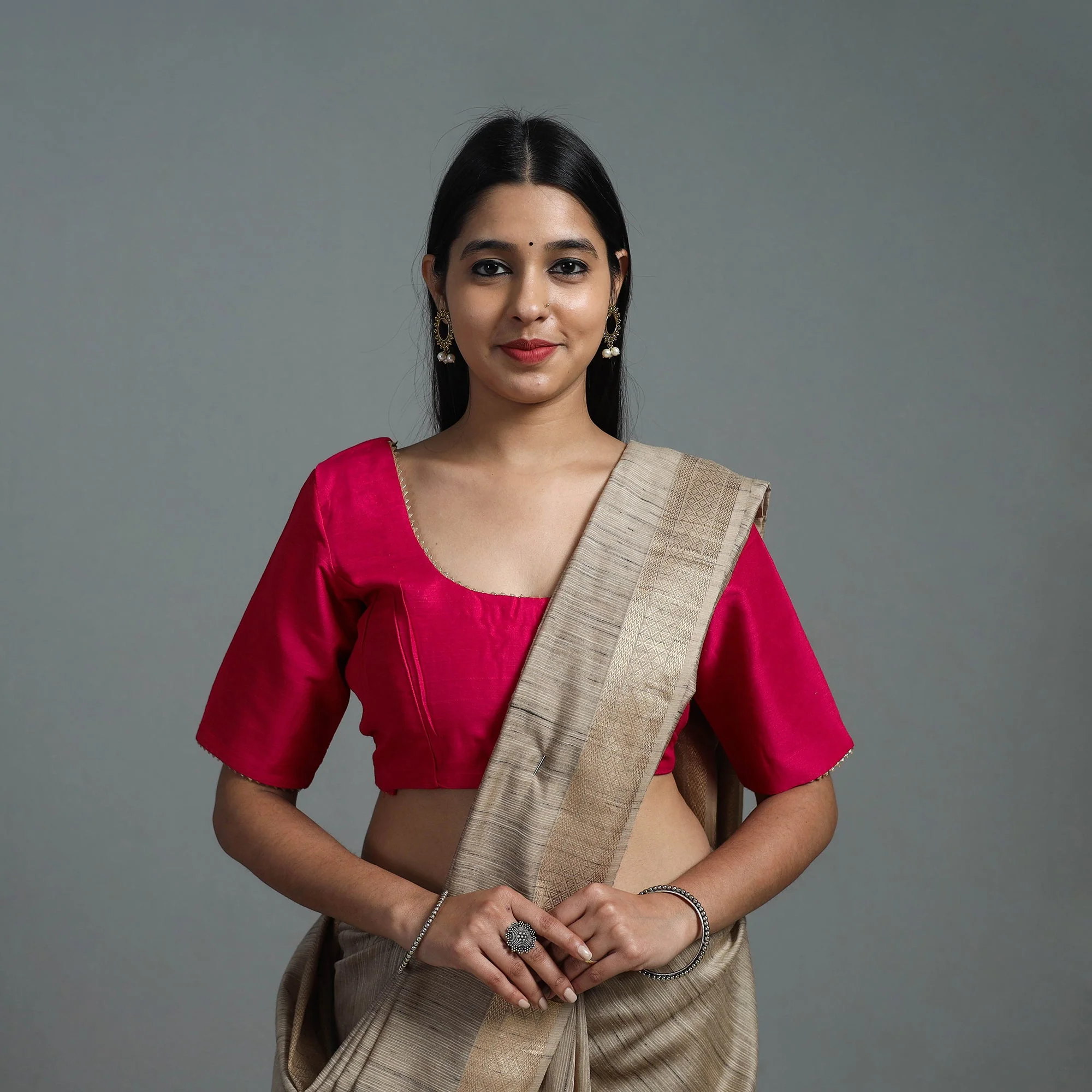 Pink - Gota Patti Slub Silk Plain Blouse 12
