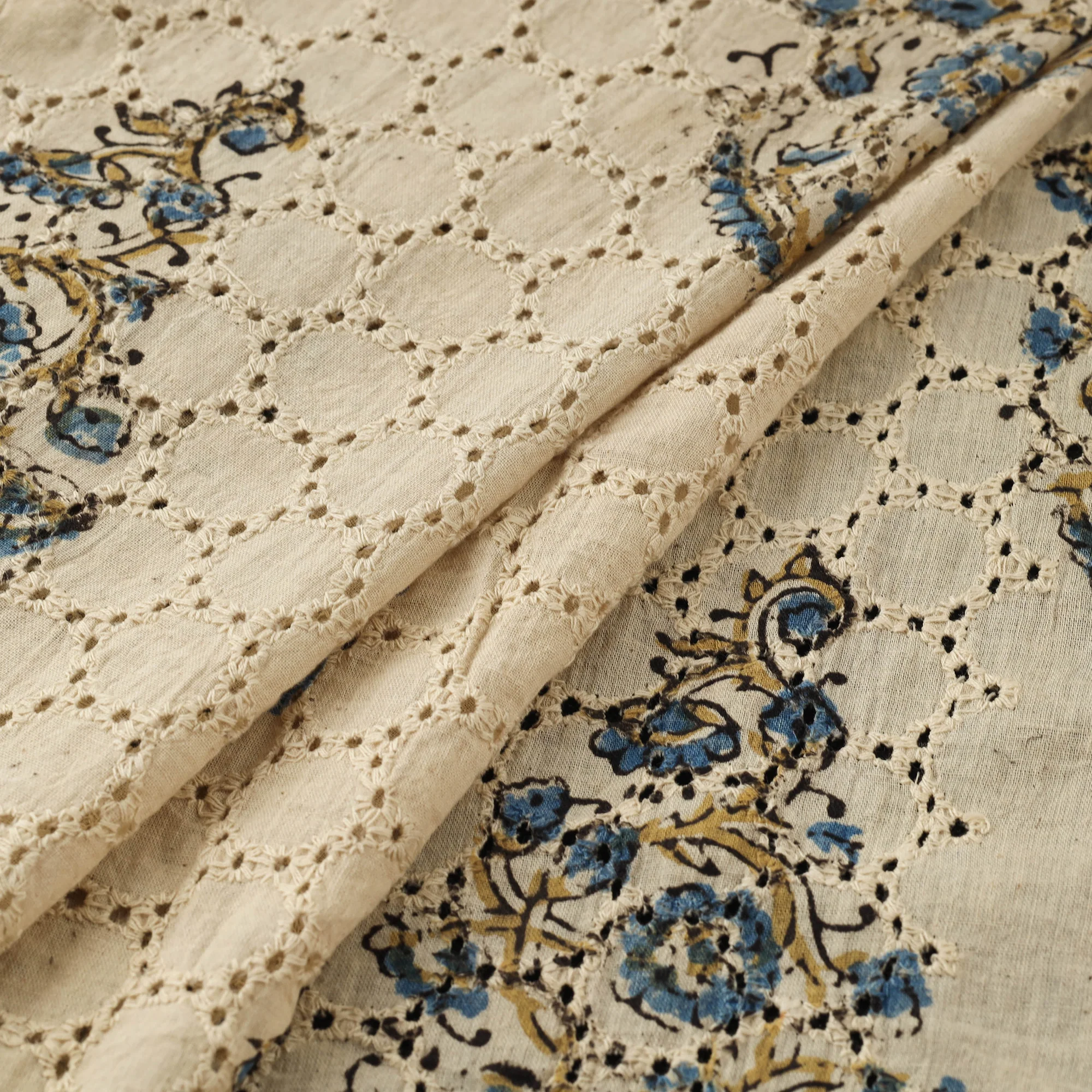 Beige - Hakoba Hand Block Ajrakh Print Natural Dyed Cotton Fabric 110