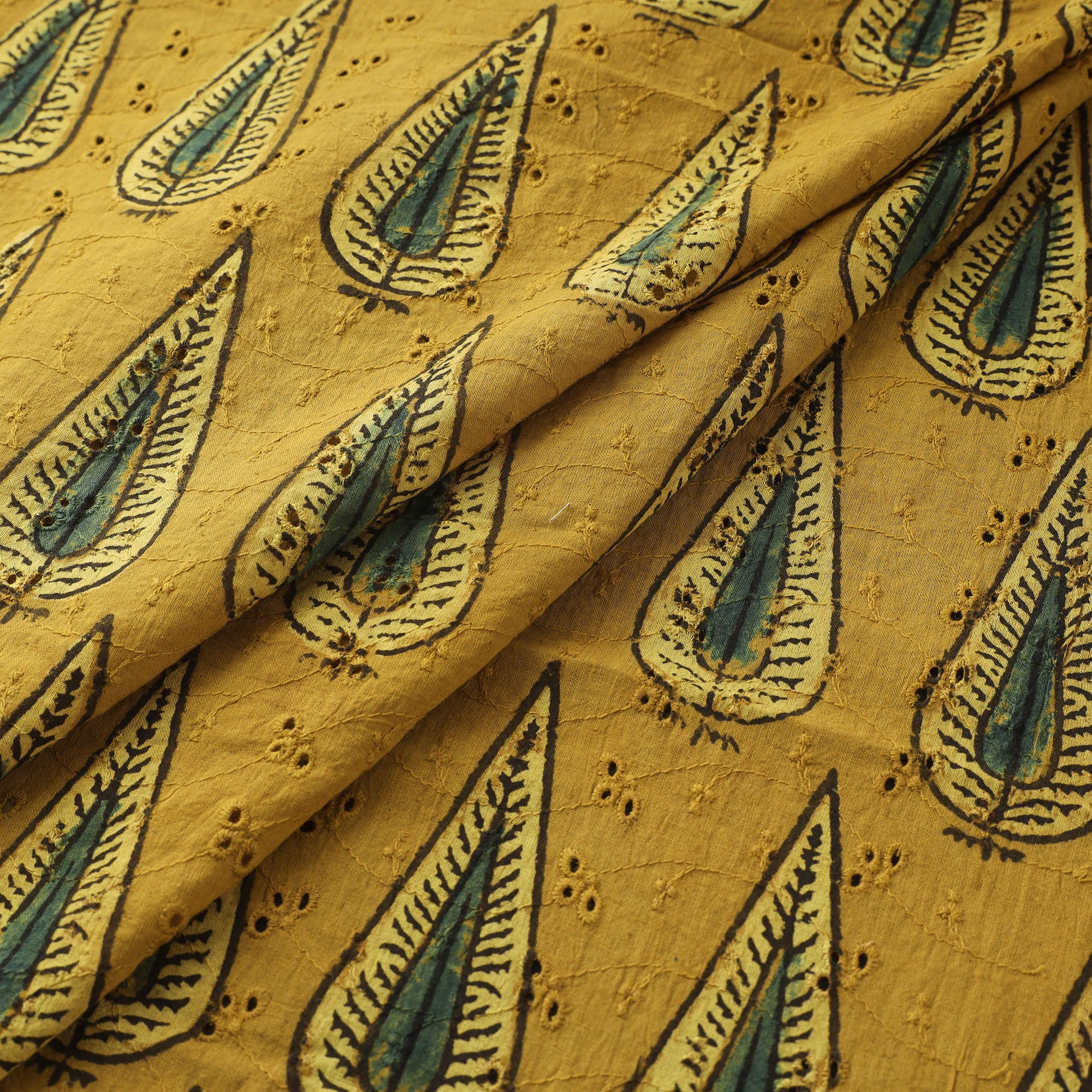 Yellow - Hakoba Hand Block Ajrakh Print Natural Dyed Cotton Fabric 131