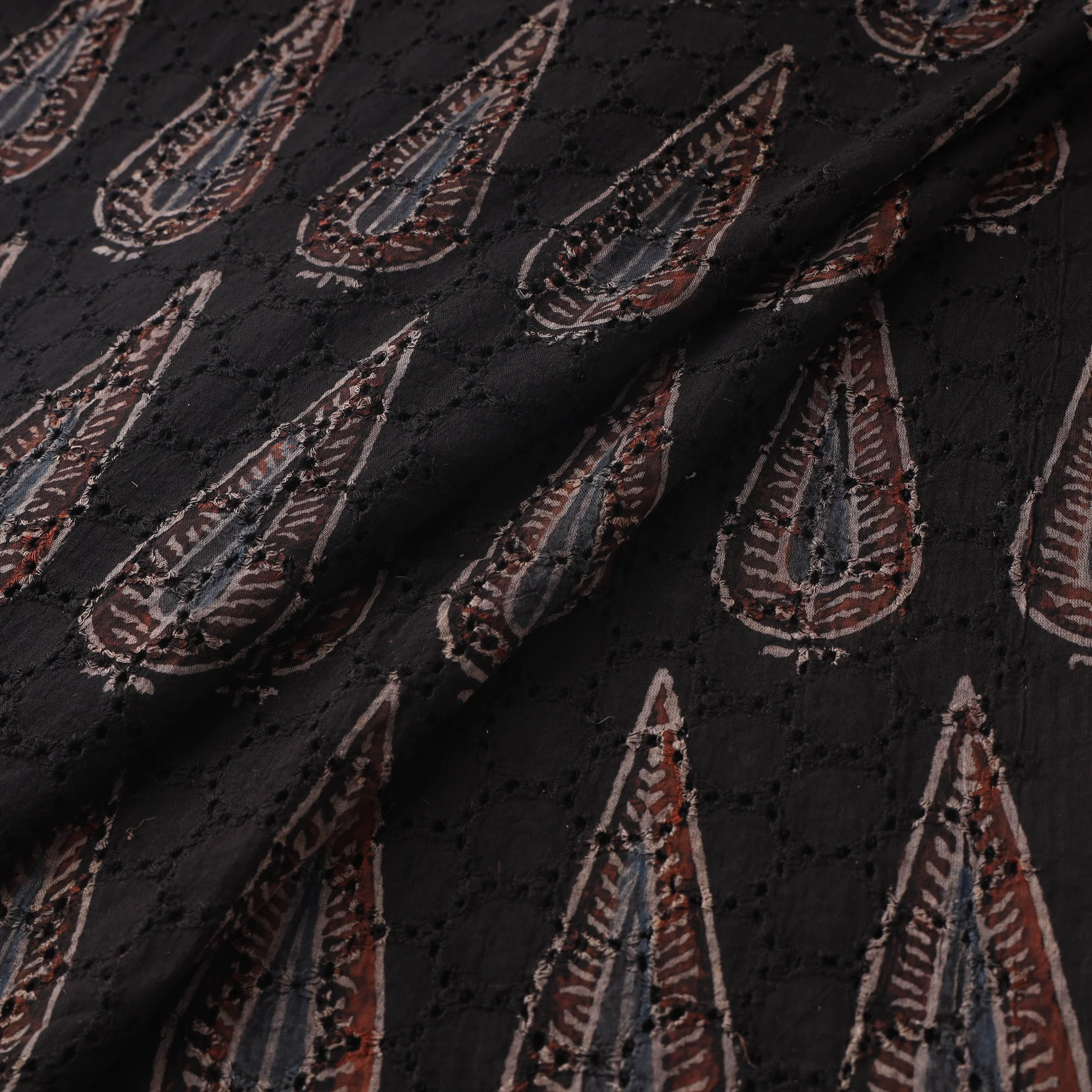 Black - Hakoba Hand Block Ajrakh Print Natural Dyed Cotton Fabric 145