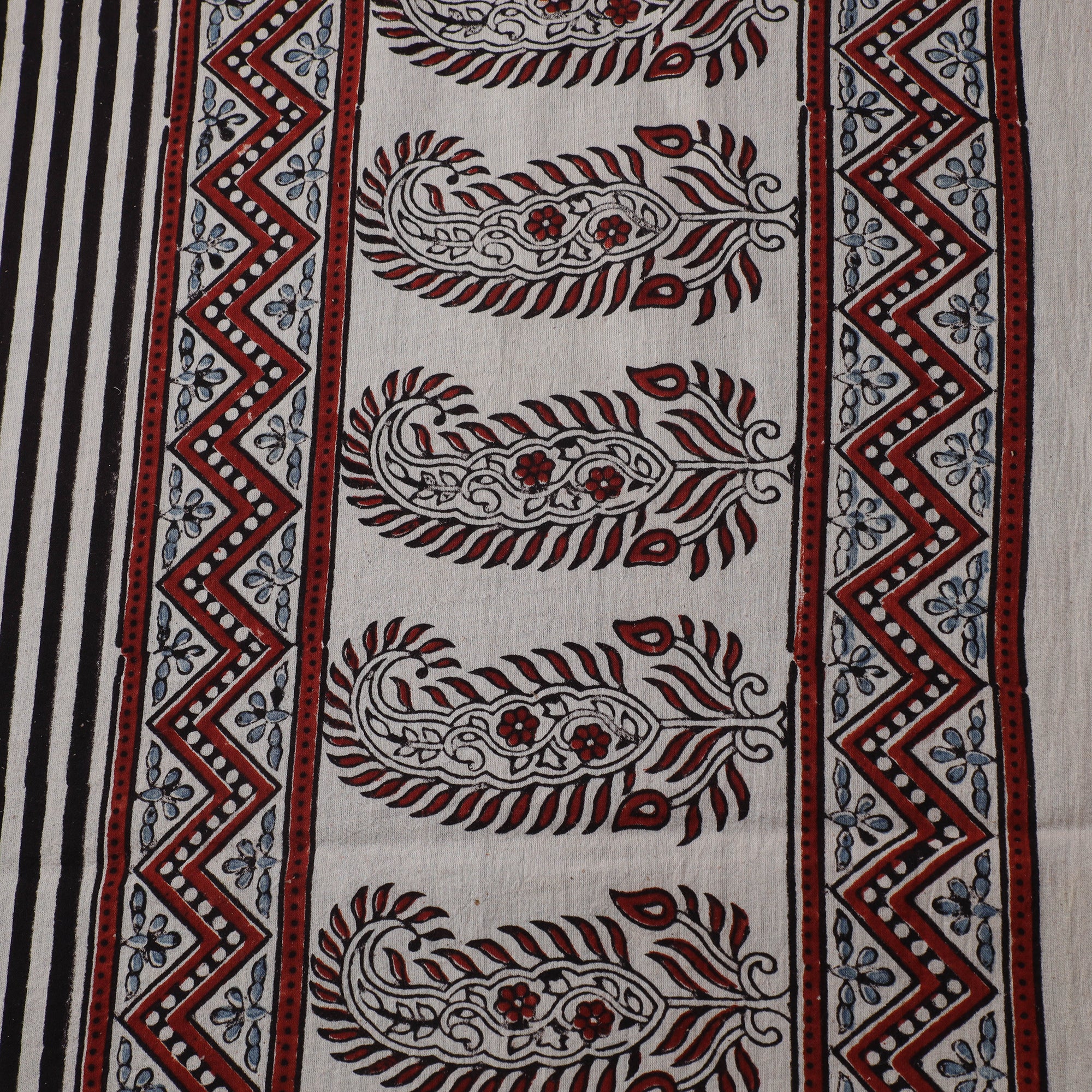 Black & Off White - Hand Block Ajrakh Print Natural Dyed Pure Mul Cotton Stripes Fabric 06 - Image 4