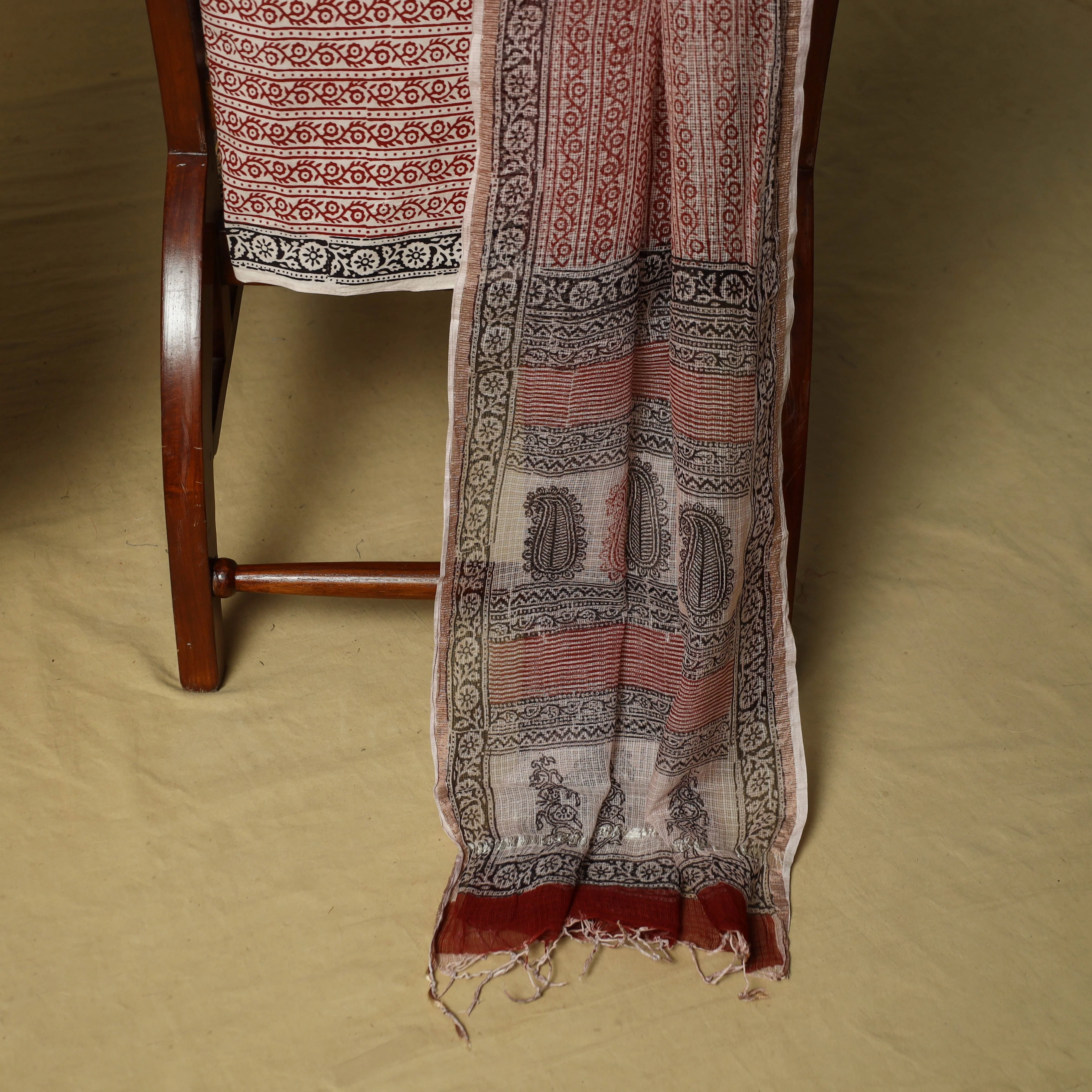 Beige - Hand Block Bagh Print Cotton 3pc Unstitched Dress Material Suit Set with Kota Doria Dupatta 09 - Image 4