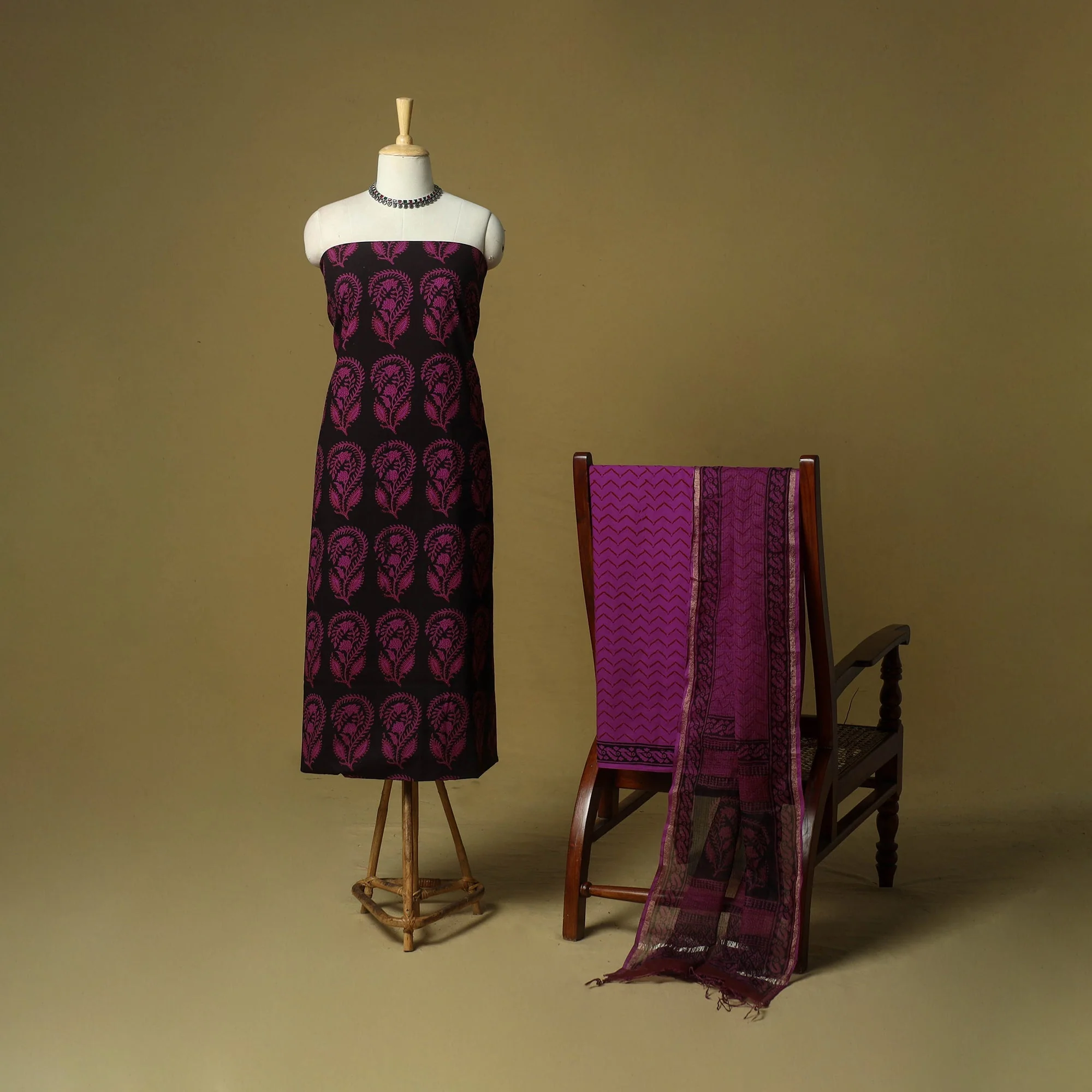 Black - Hand Block Bagh Print Cotton 3pc Unstitched Dress Material Suit Set with Kota Doria Dupatta 11