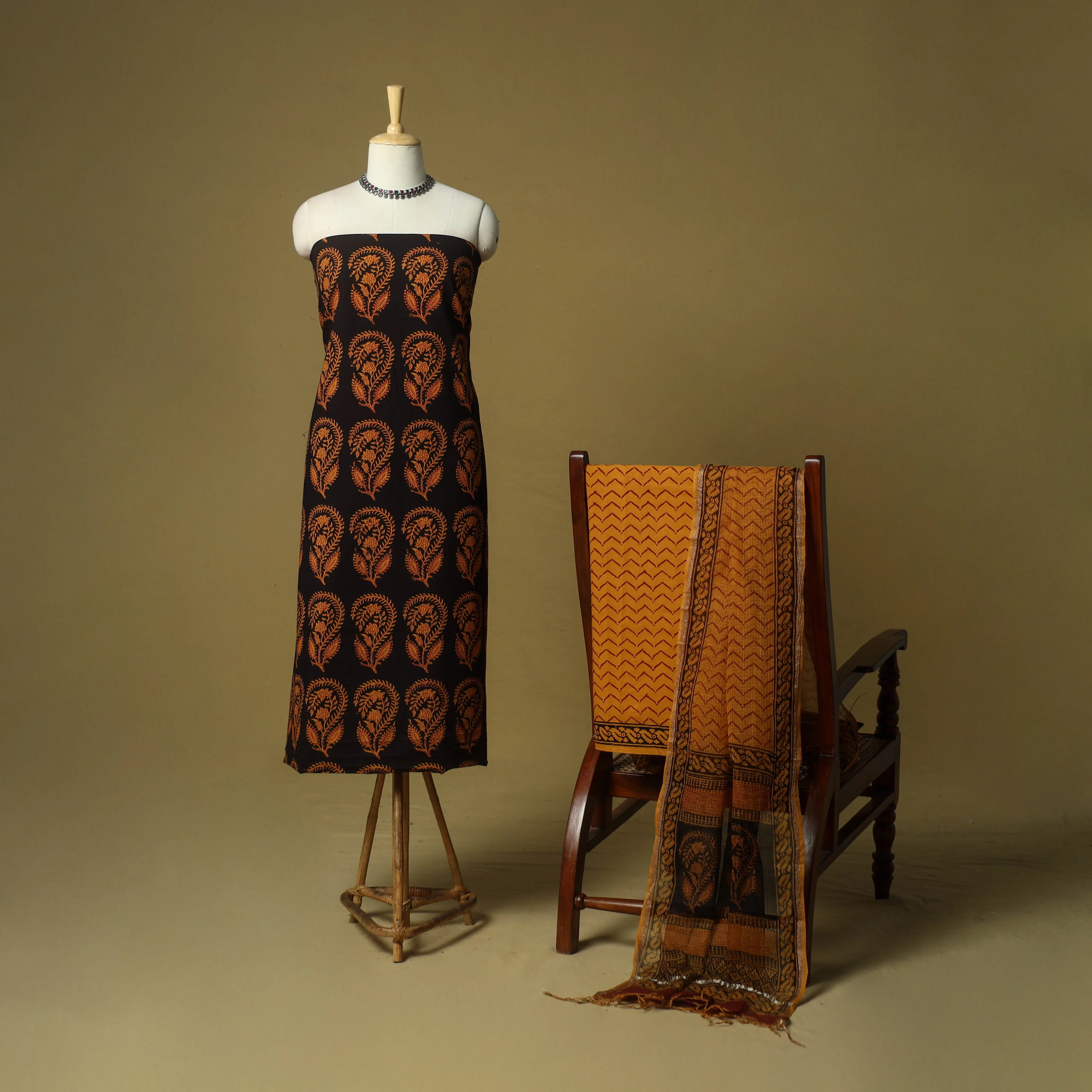 Black - Hand Block Bagh Print Cotton 3pc Unstitched Dress Material Suit Set with Kota Doria Dupatta 12