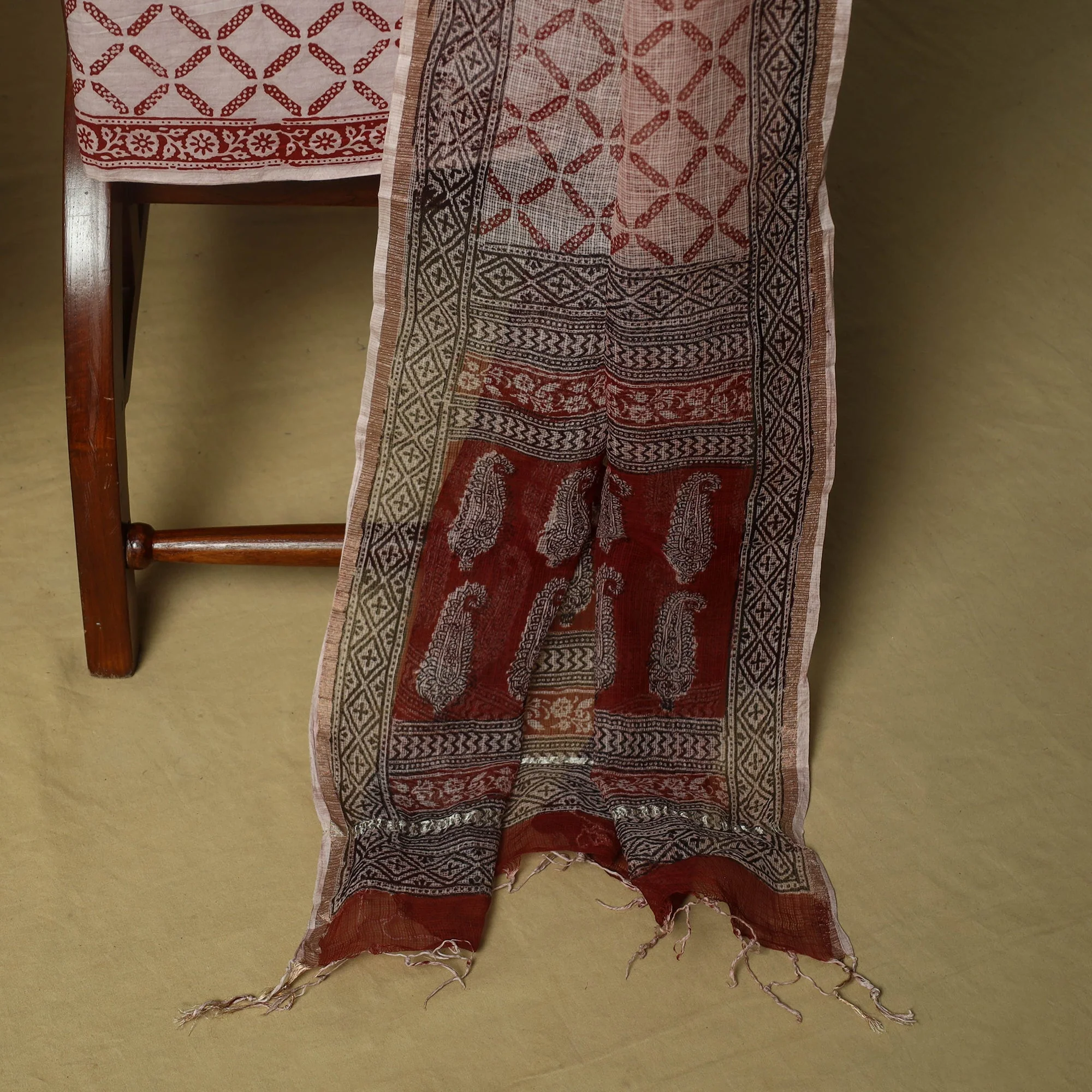 Black - Hand Block Bagh Print Cotton 3pc Unstitched Dress Material Suit Set with Kota Doria Dupatta 17 - Image 4