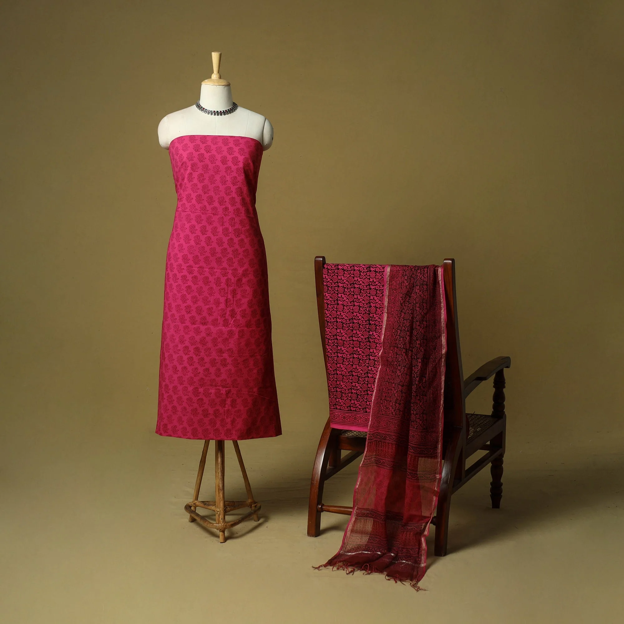 Pink - Hand Block Bagh Print Cotton 3pc Unstitched Dress Material Suit Set with Kota Doria Dupatta 47