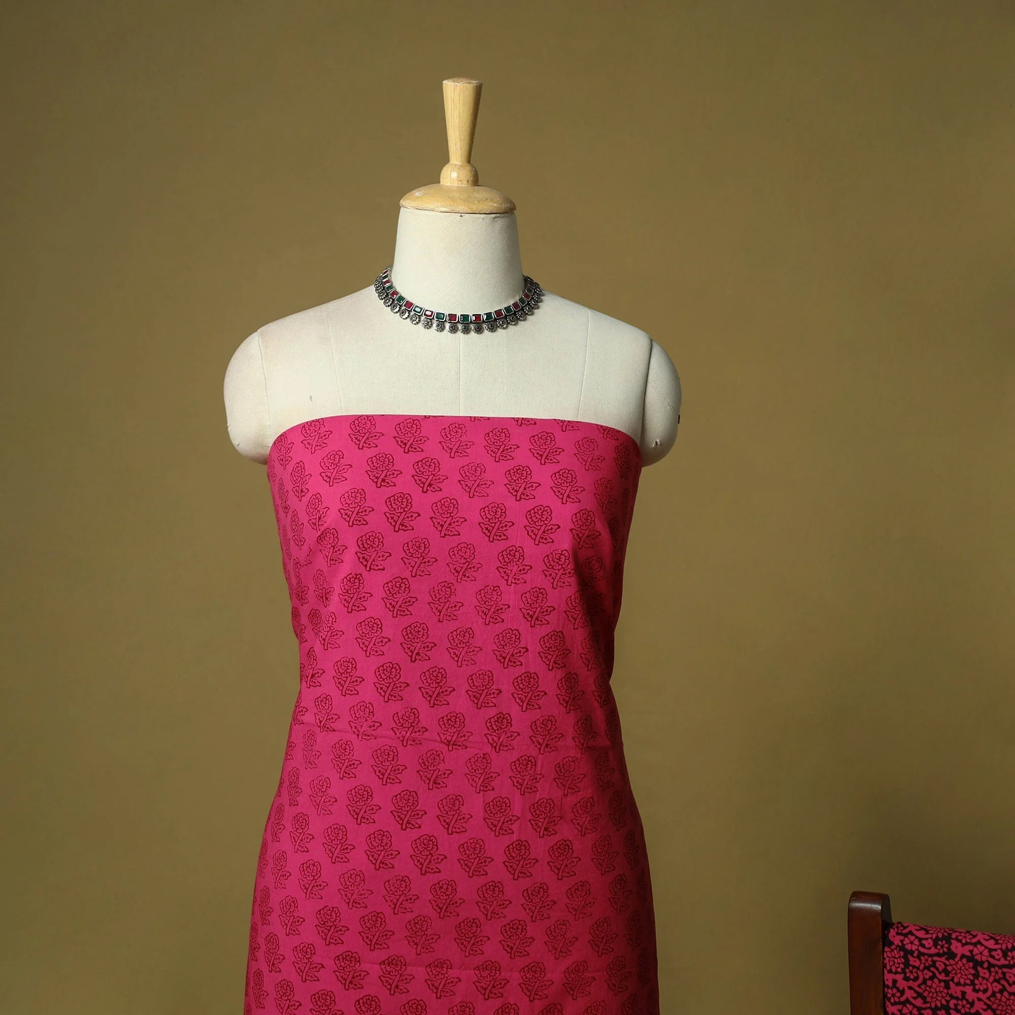 Pink - Hand Block Bagh Print Cotton 3pc Unstitched Dress Material Suit Set with Kota Doria Dupatta 47 - Image 3