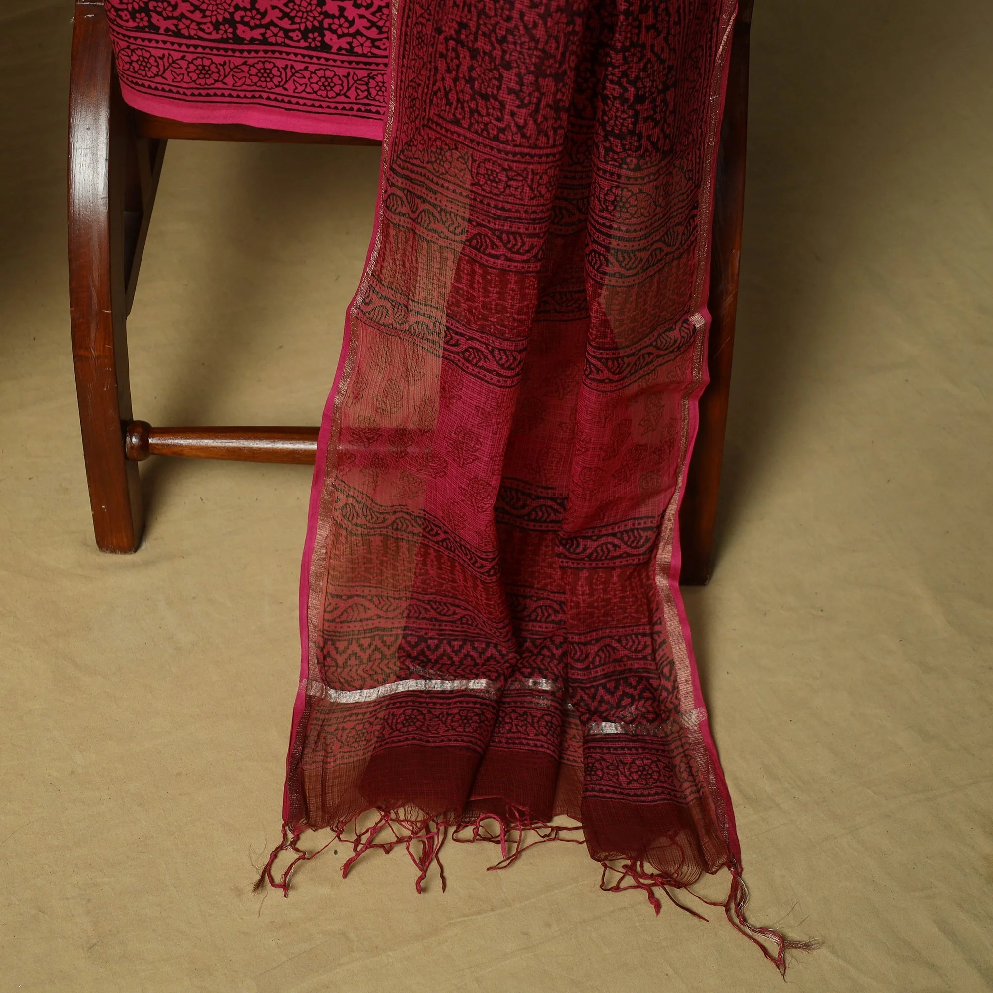 Pink - Hand Block Bagh Print Cotton 3pc Unstitched Dress Material Suit Set with Kota Doria Dupatta 47 - Image 4