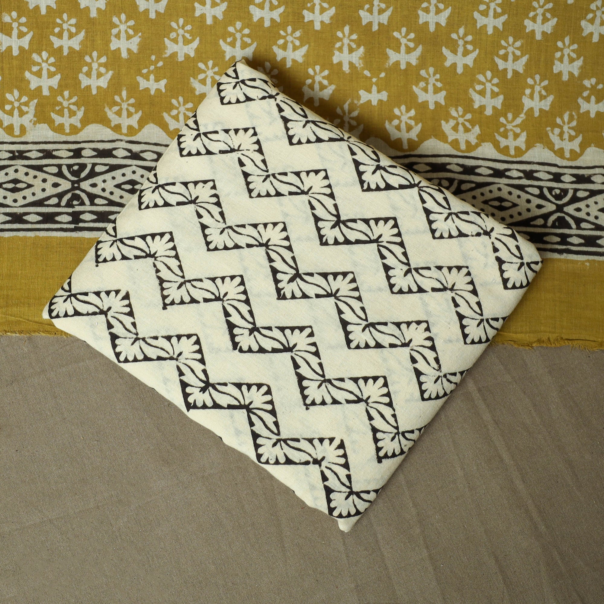 Yellow - Hand Block Bagru Print Natural Dyed Cotton 3pc Unstitched Dress Material Suit Set 57 - Image 5