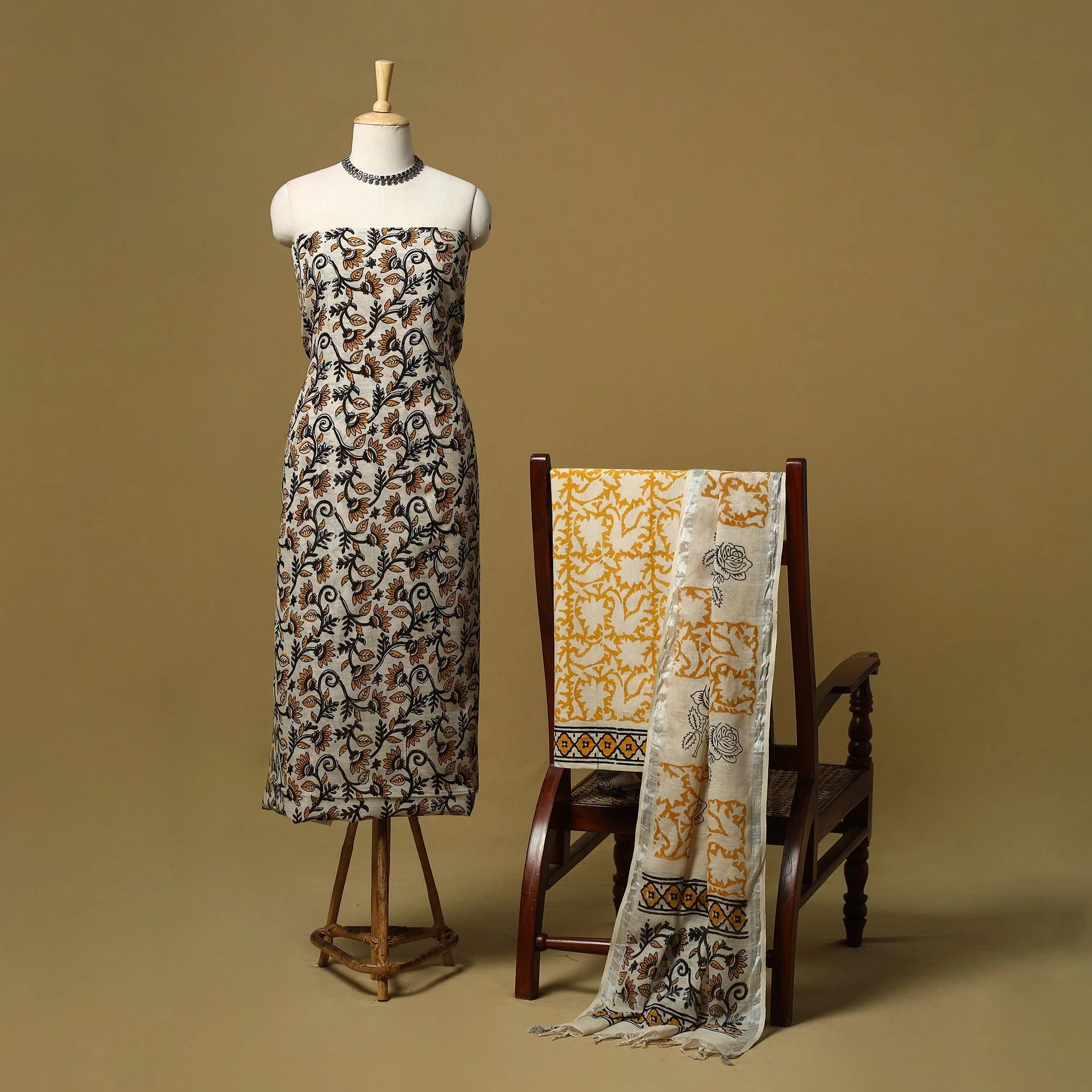 Beige - Hand Block Bagru Print Linen 3pc Unstitched Dress Material 12