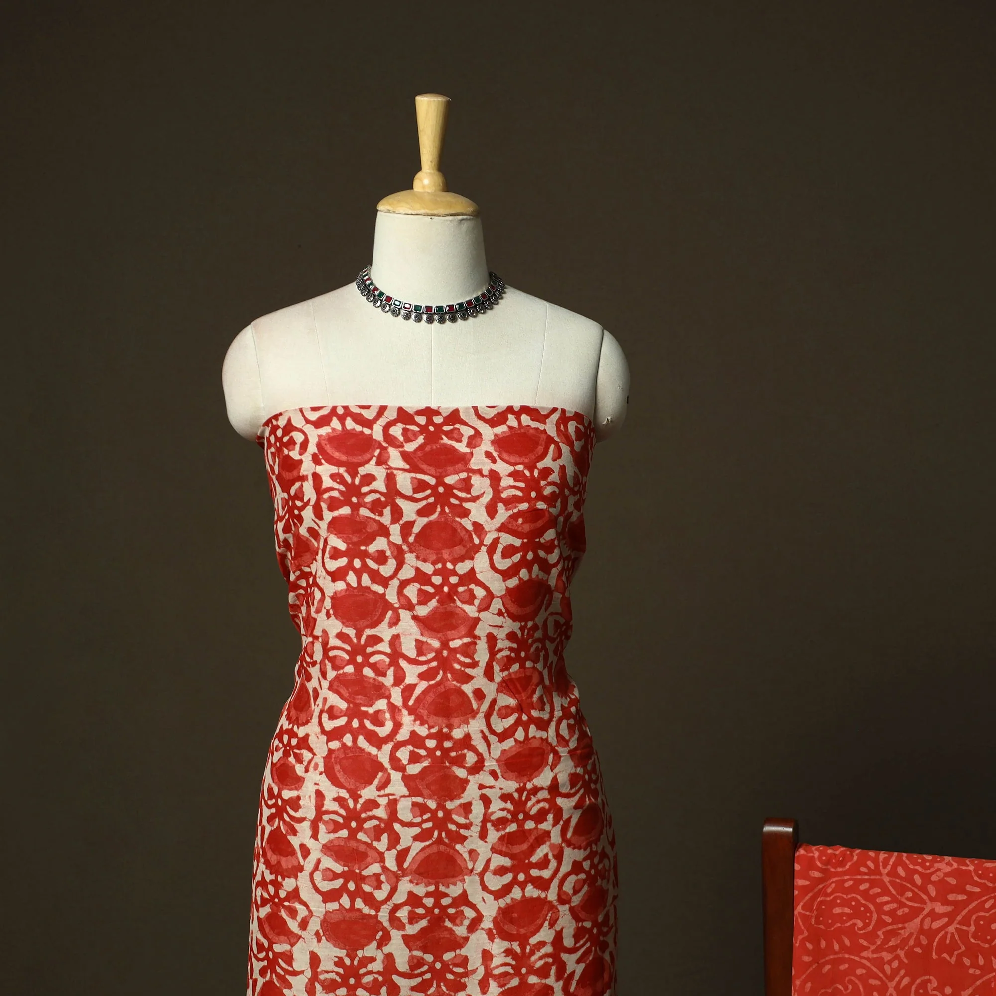Red - Hand Block Batik Print Chanderi Silk 3pc Unstitched Dress Material Suit Set 40 - Image 3
