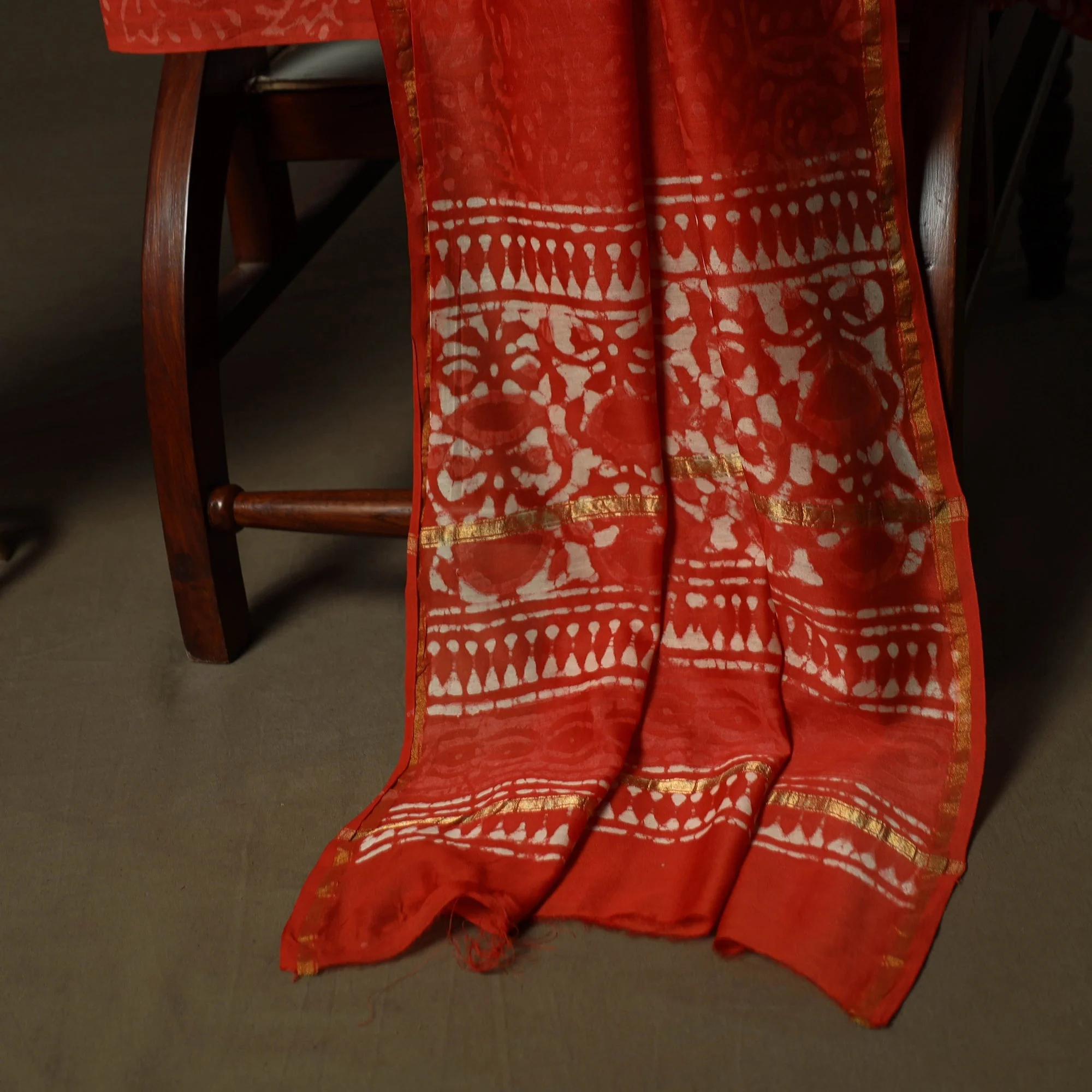 Red - Hand Block Batik Print Chanderi Silk 3pc Unstitched Dress Material Suit Set 40 - Image 4