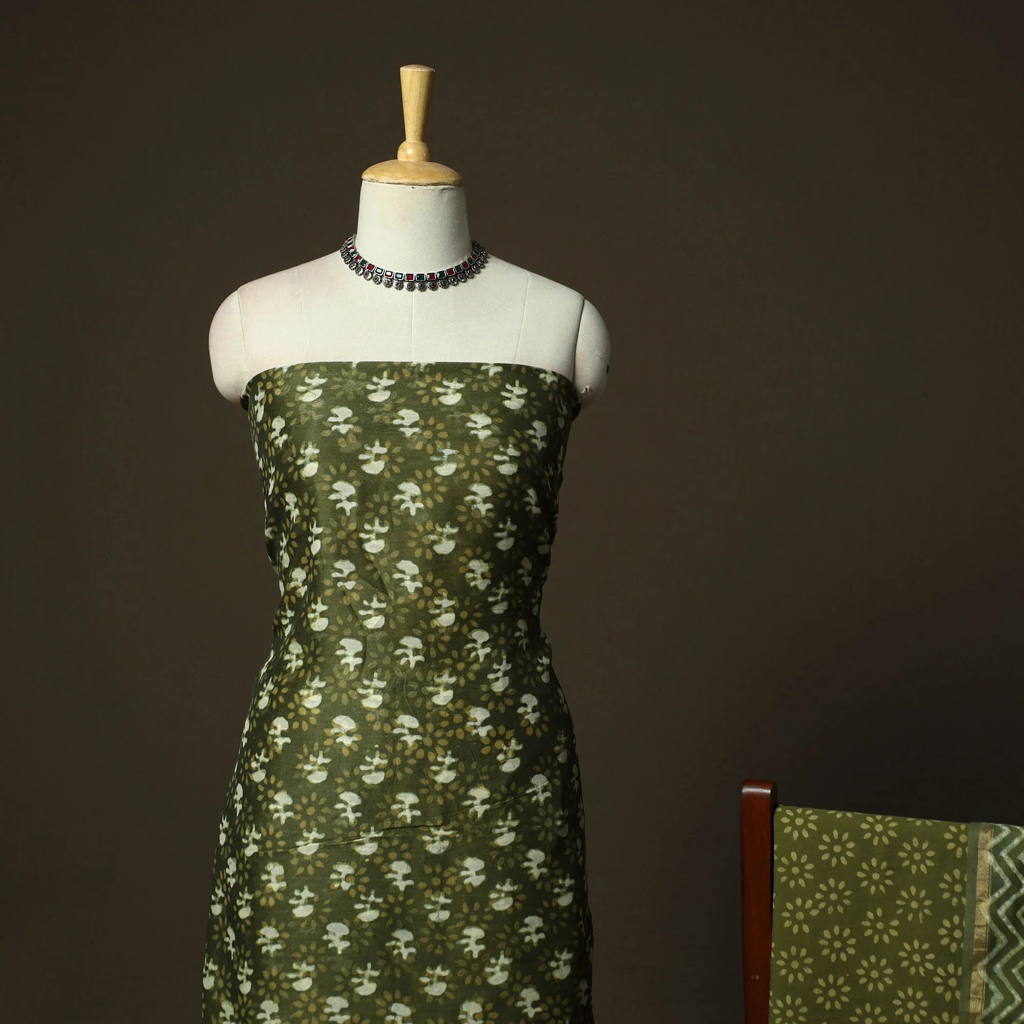 Green - Hand Block Batik Print Chanderi Silk 3pc Unstitched Dress Material 46 - Image 3