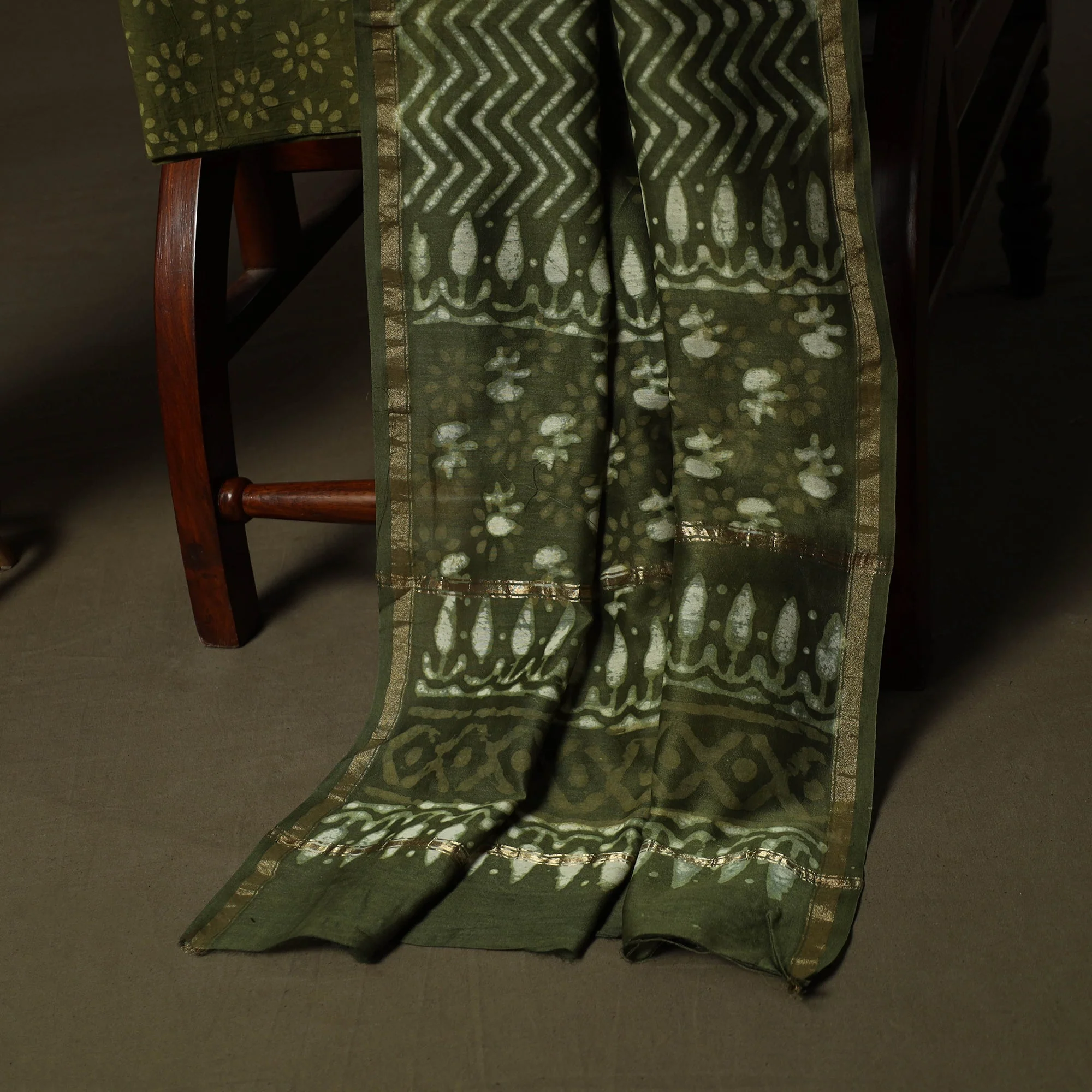 Green - Hand Block Batik Print Chanderi Silk 3pc Unstitched Dress Material 46 - Image 4