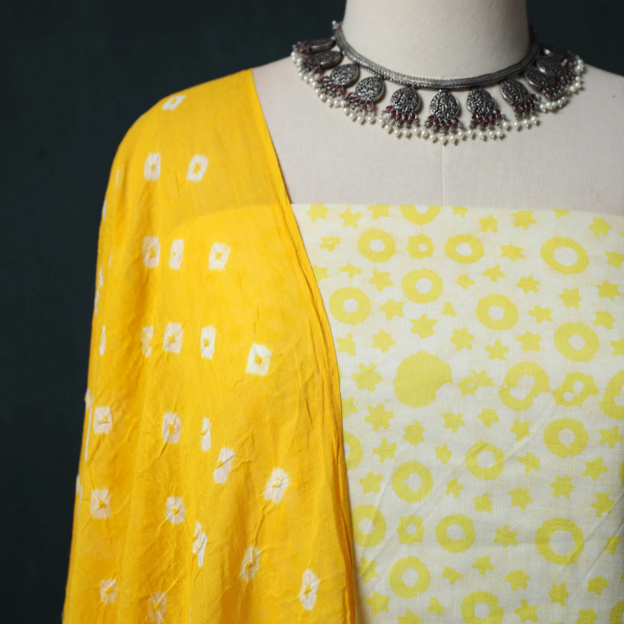 Yellow - Hand Block Batik Print Cotton 2pc Unstitched Dress Material Kurta Set 21 - Image 3