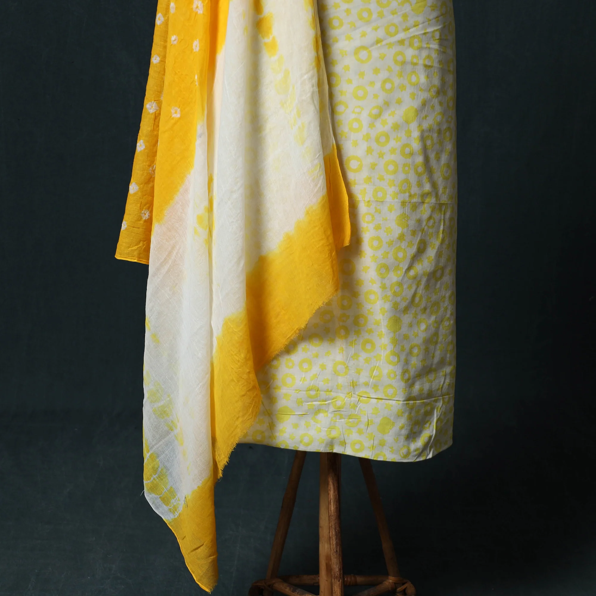Yellow - Hand Block Batik Print Cotton 2pc Unstitched Dress Material Kurta Set 21 - Image 4