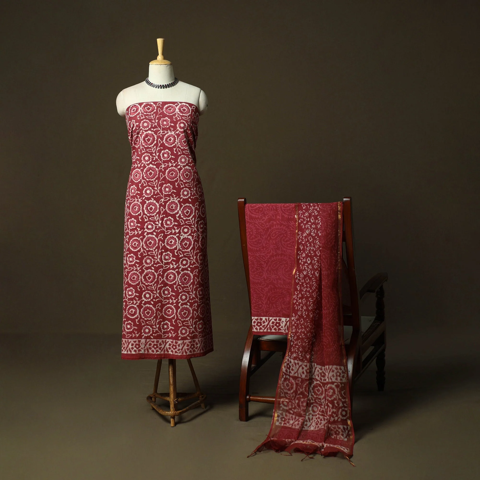 Red - Hand Block Batik Print Cotton 3pc Unstitched Dress Material 07