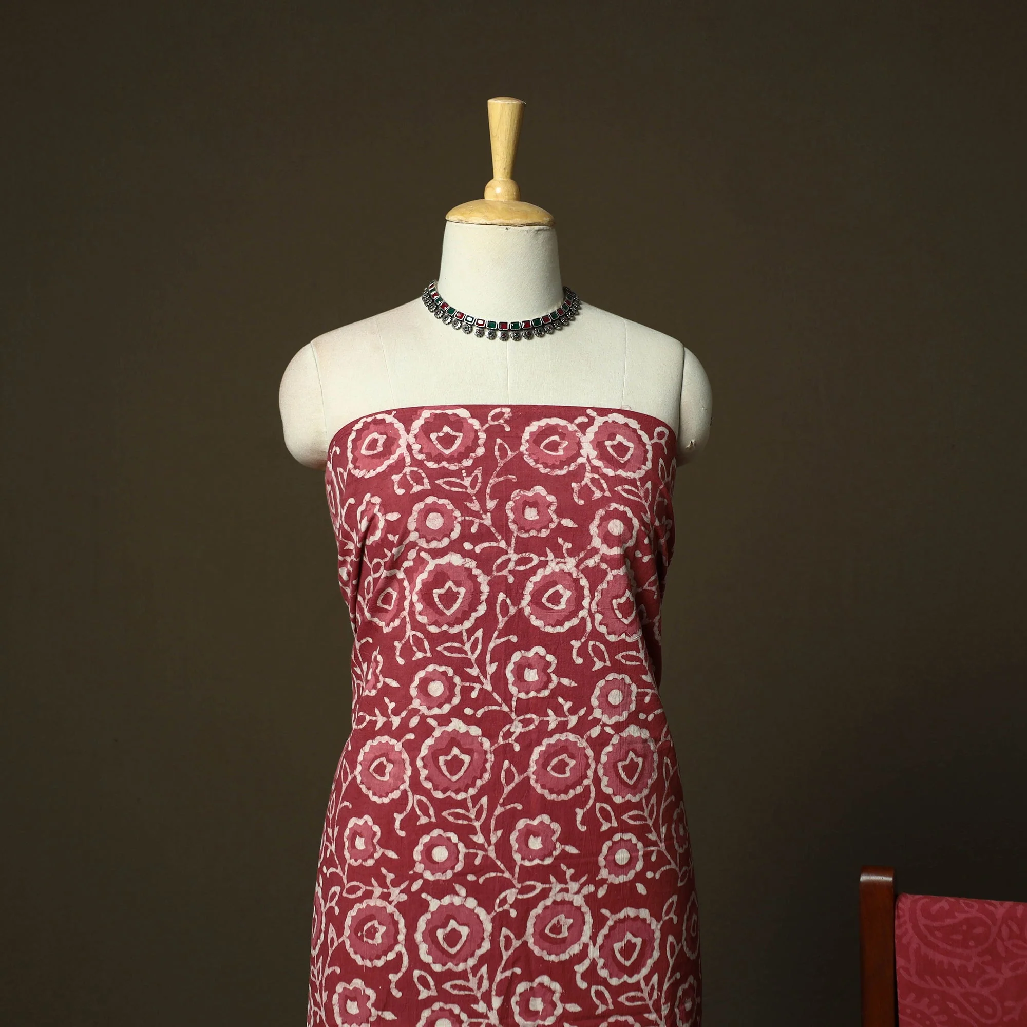 Red - Hand Block Batik Print Cotton 3pc Unstitched Dress Material 07 - Image 3