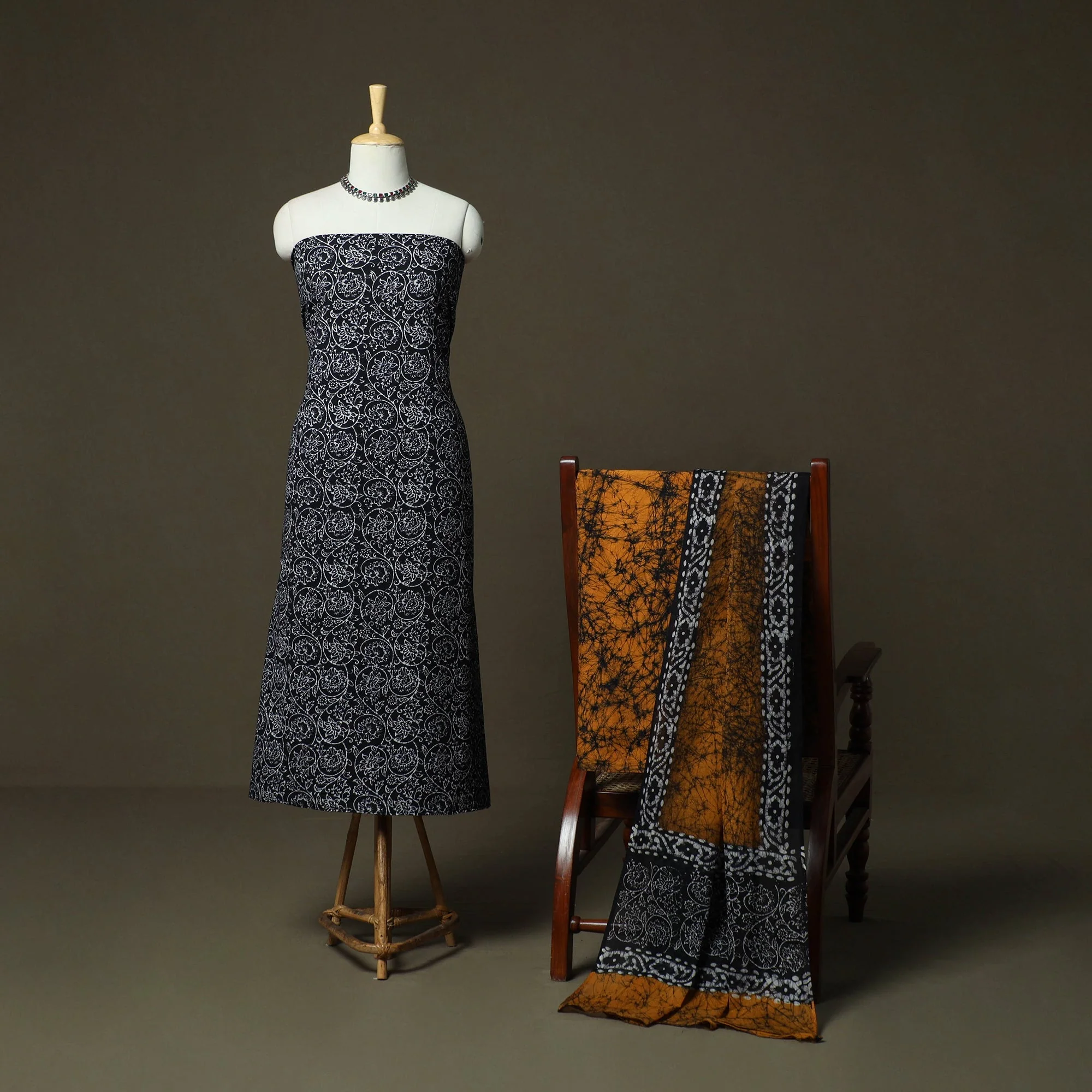 Black - Hand Block Batik Print Cotton 3pc Unstitched Dress Material 30